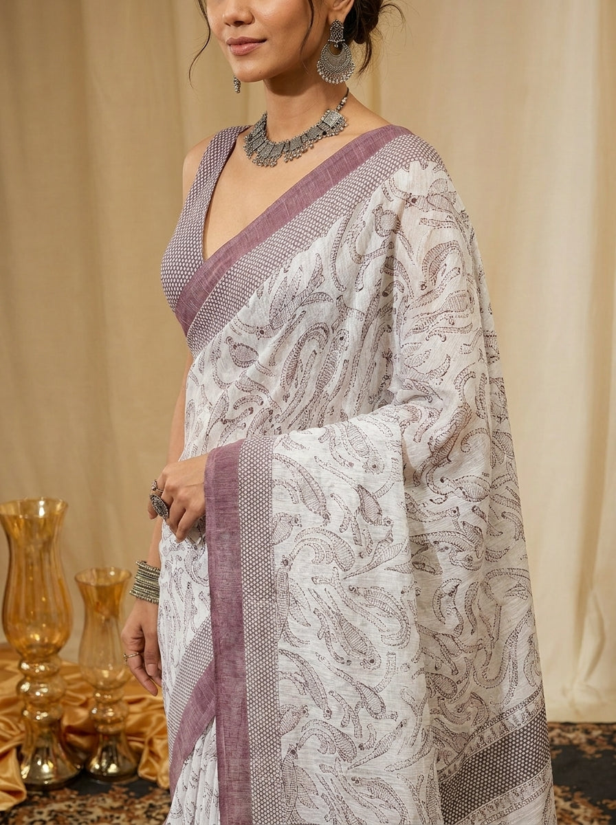 White and Purple Border Saree
