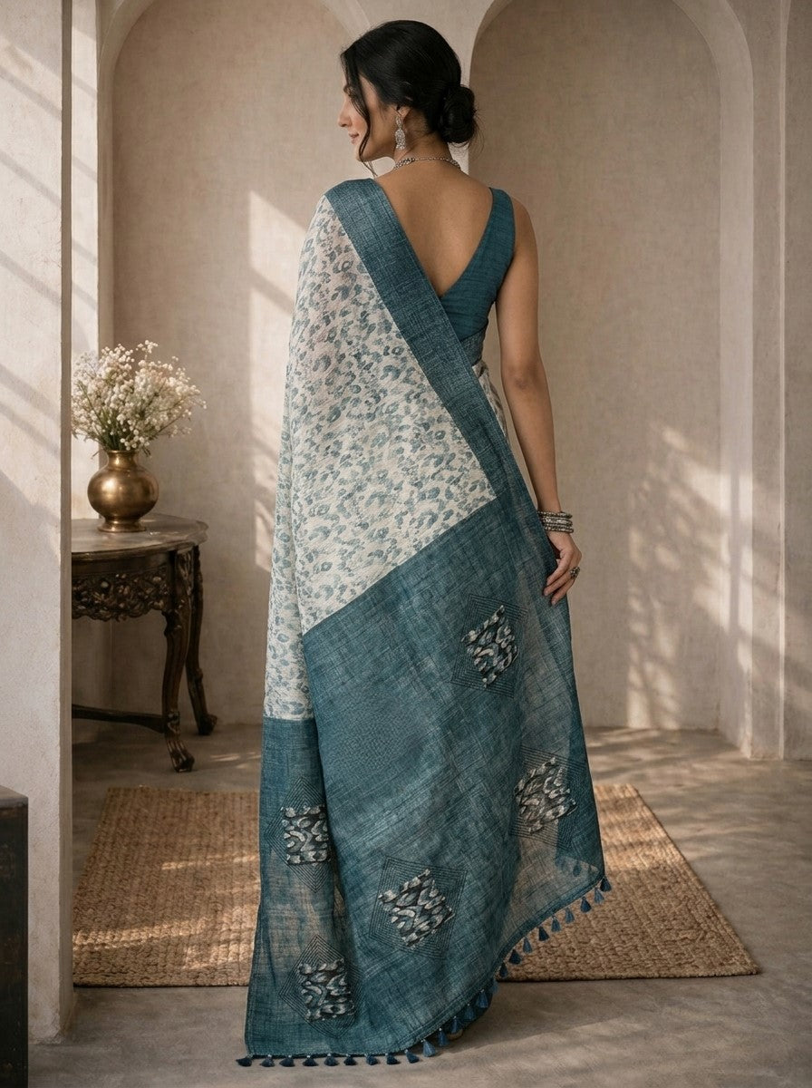 Teal and White Saree