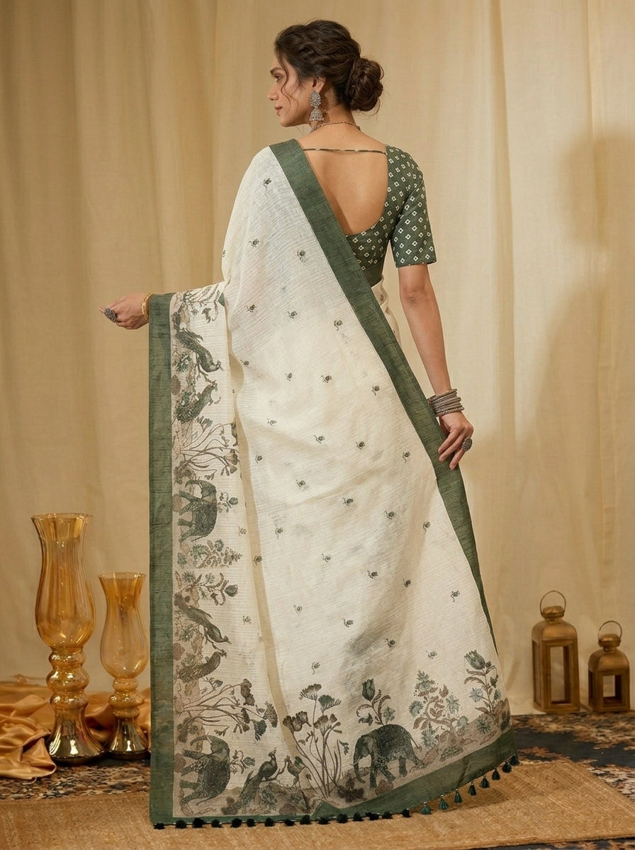 White and Green Elephant Saree