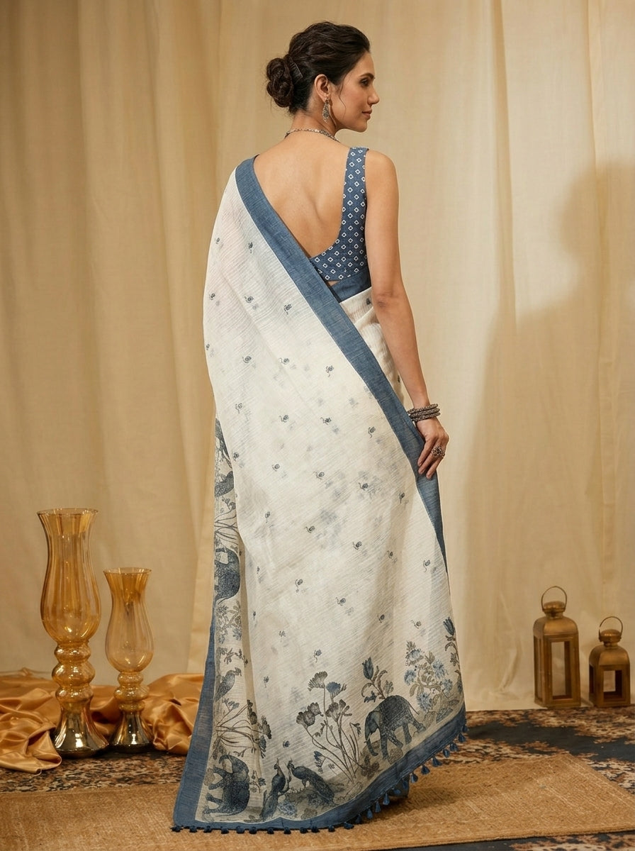 White and Blue Elephant Saree