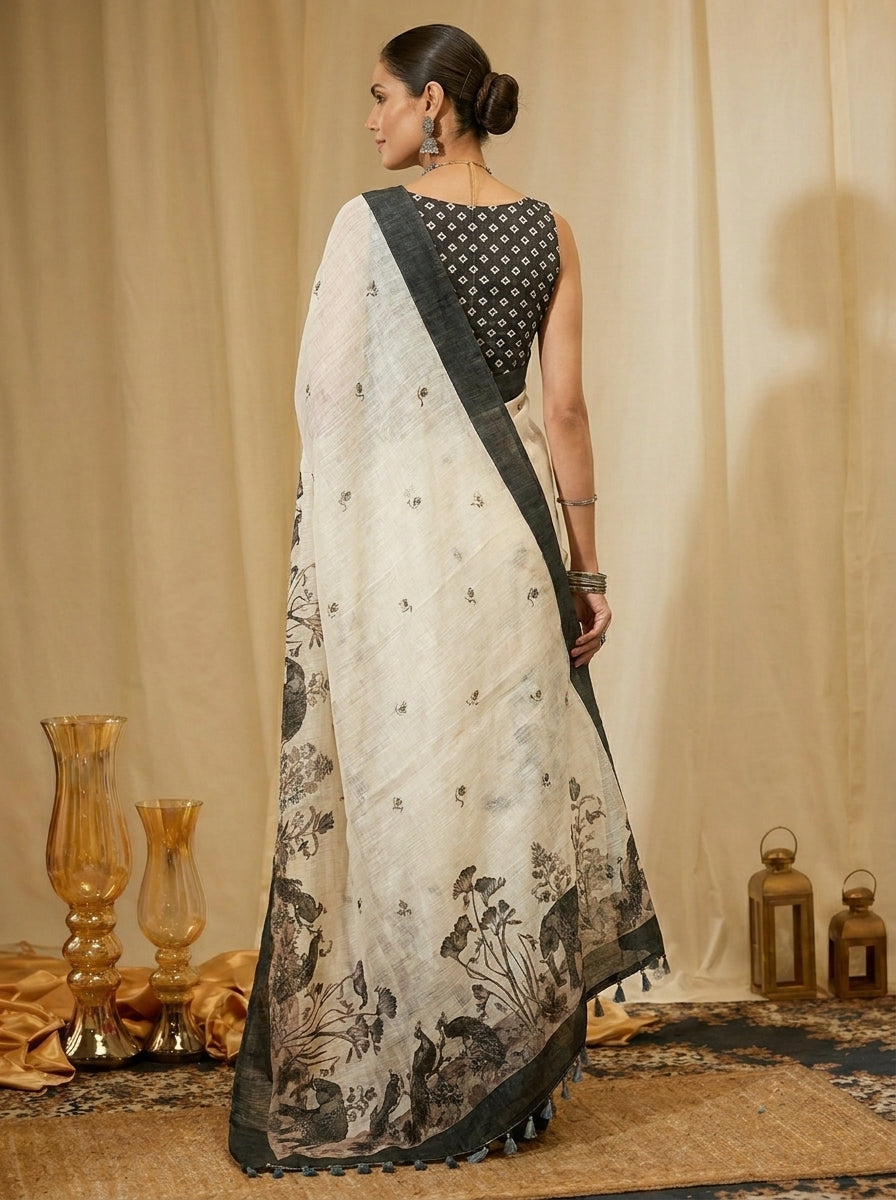 White and Grey Elephant Saree