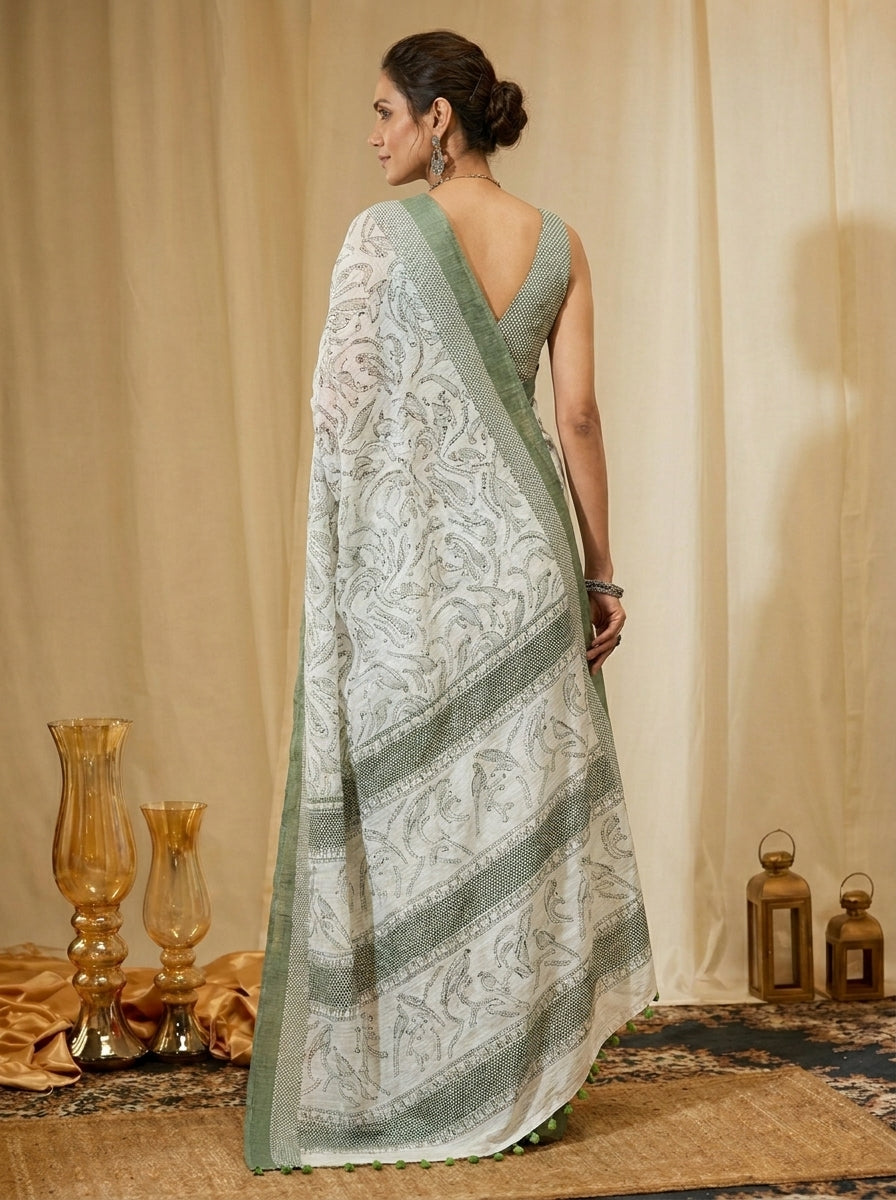 White and Green Border Saree