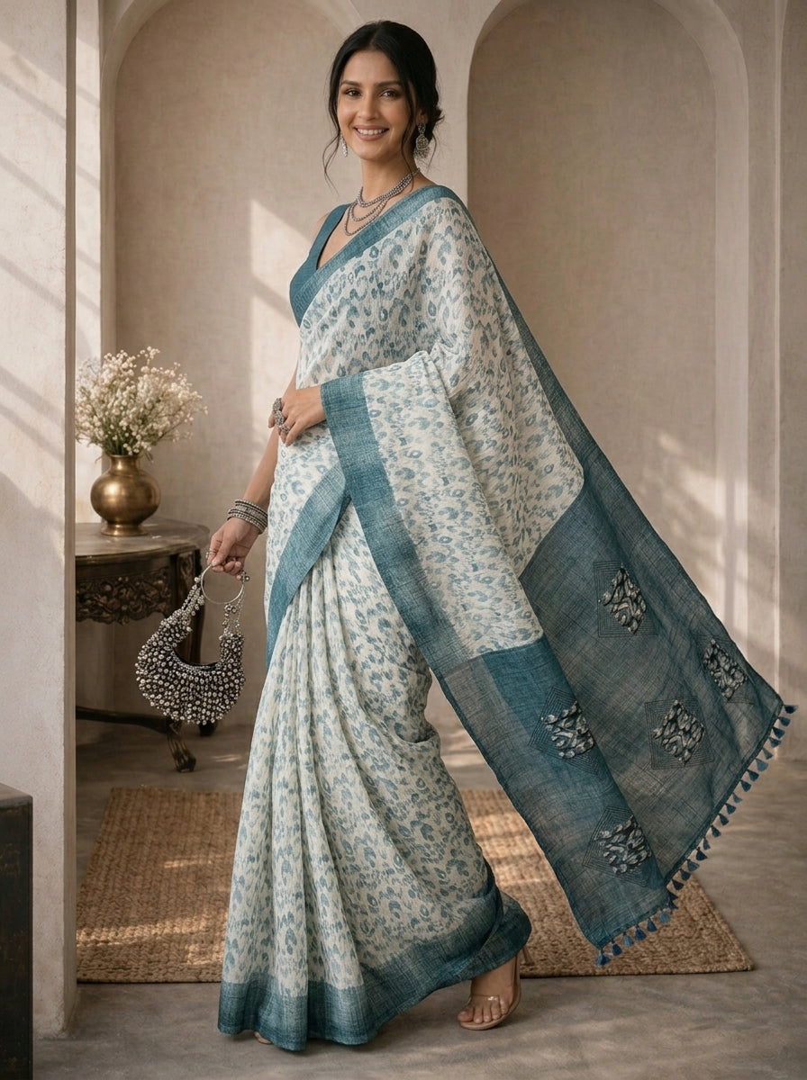 Teal and White Saree