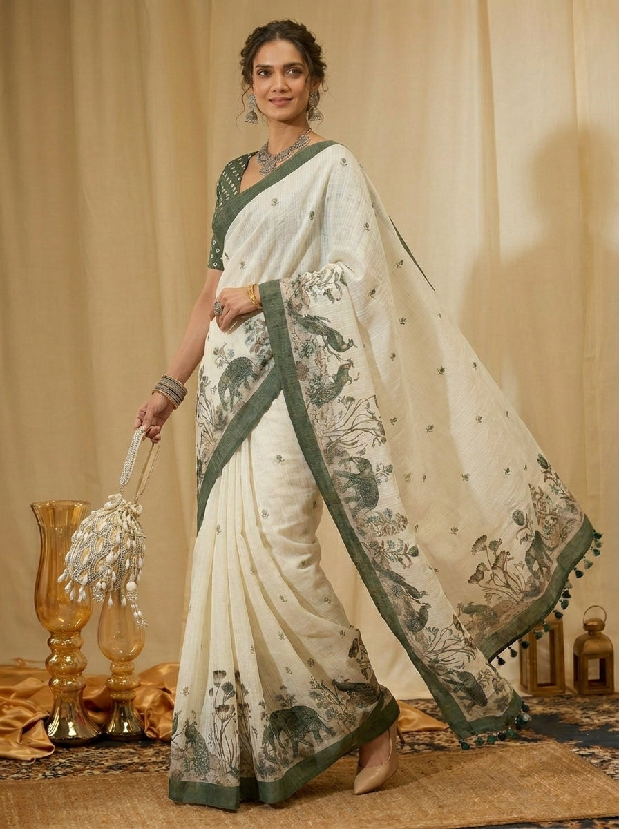 White and Green Elephant Saree