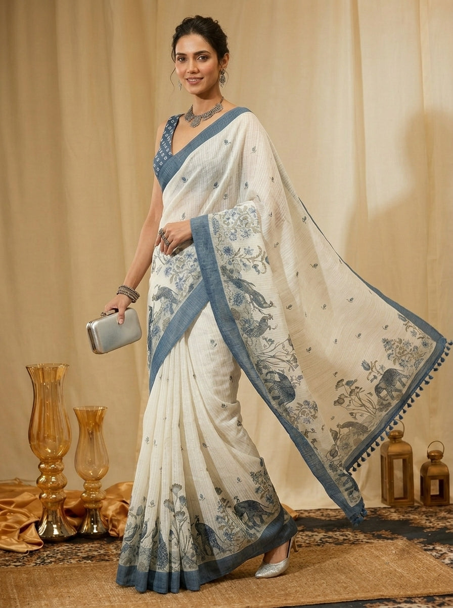 White and Blue Elephant Saree