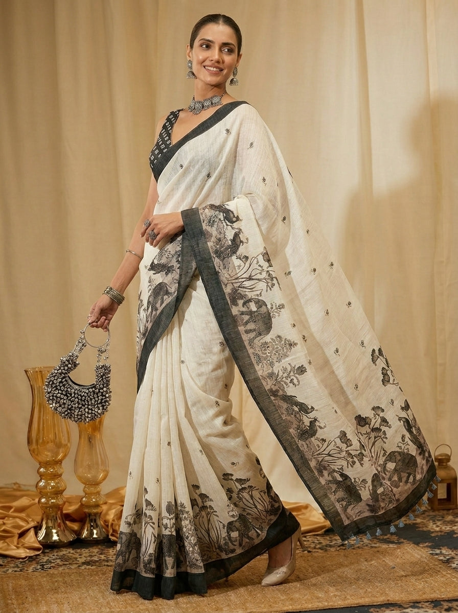 White and Grey Elephant Saree