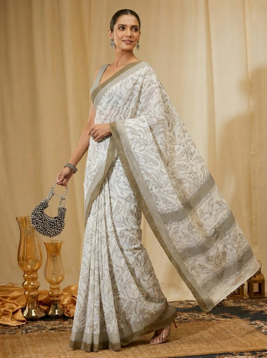 White Gold Border Saree