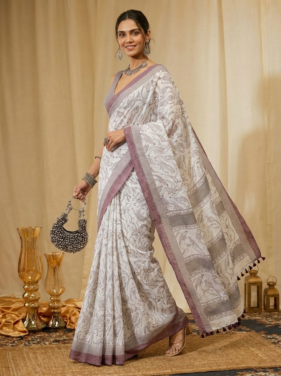 White and Purple Border Saree