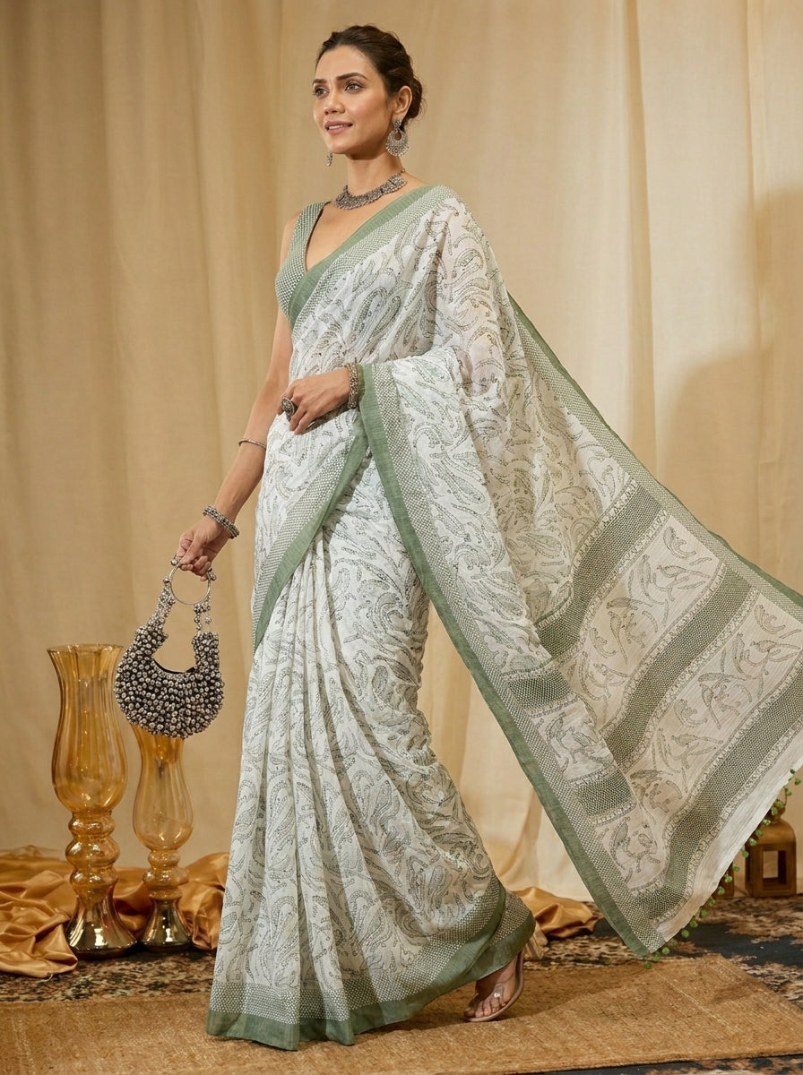 White and Green Border Saree
