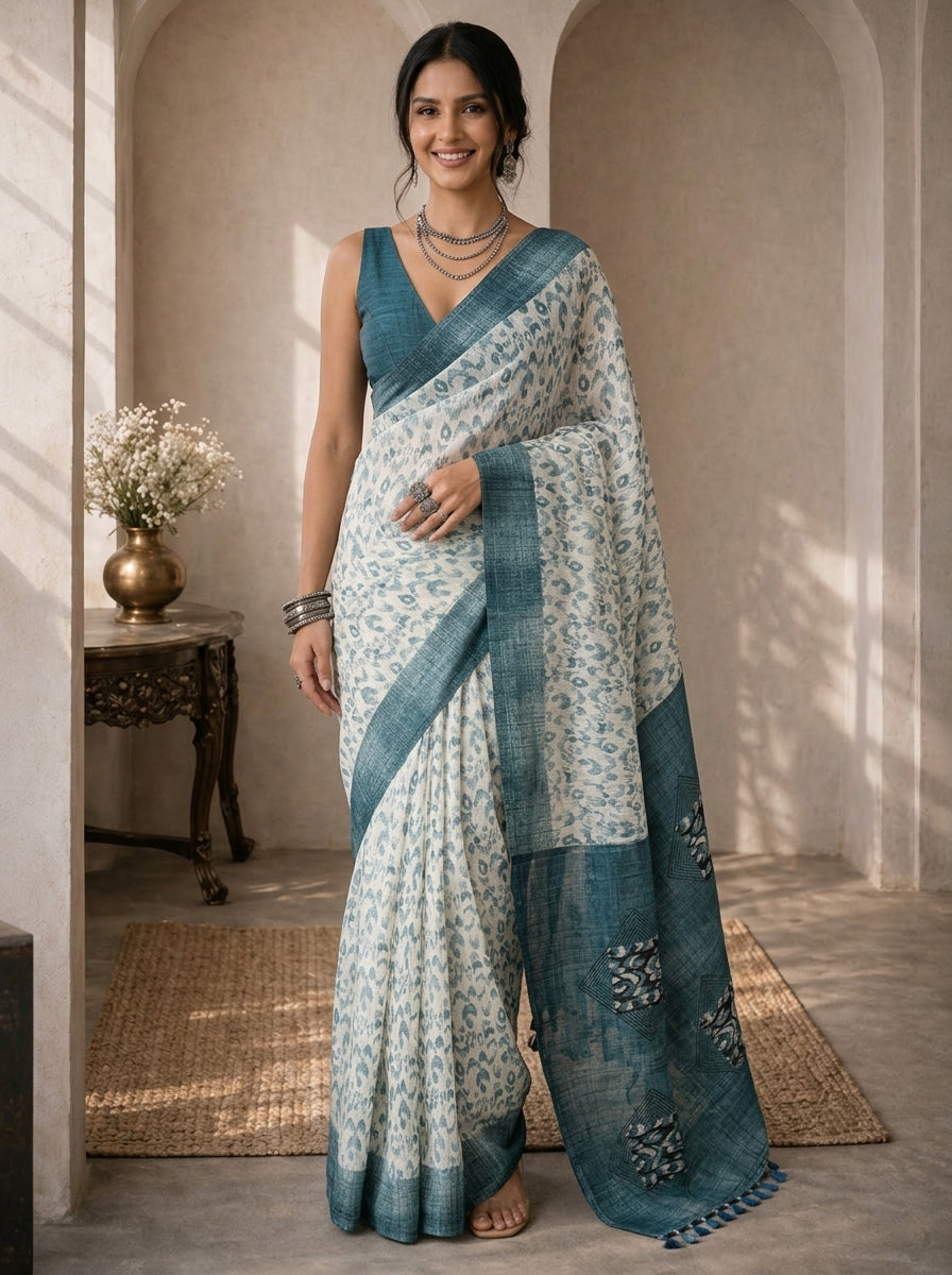 Teal and White Saree