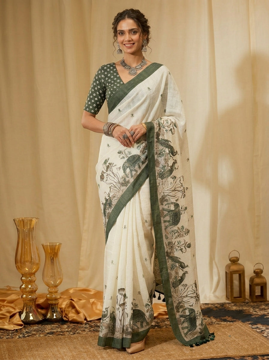 White and Green Elephant Saree
