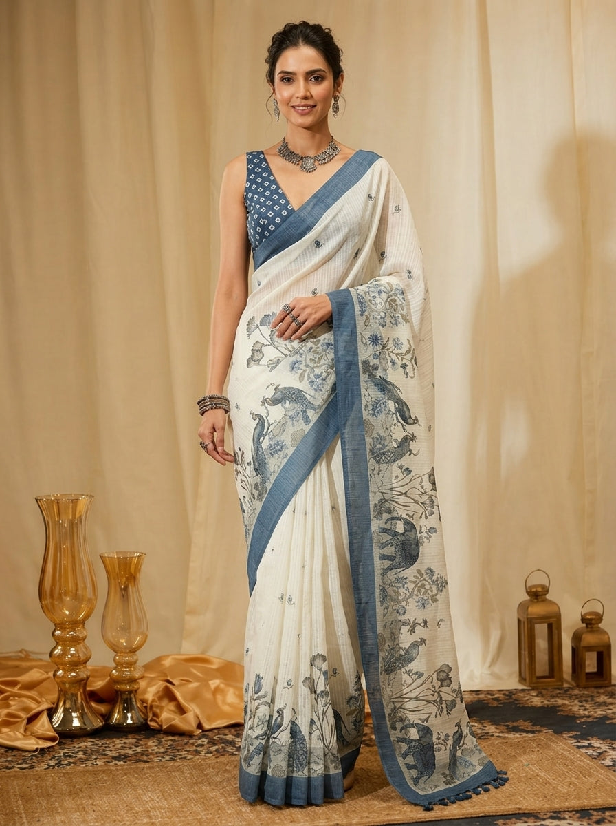 White and Blue Elephant Saree