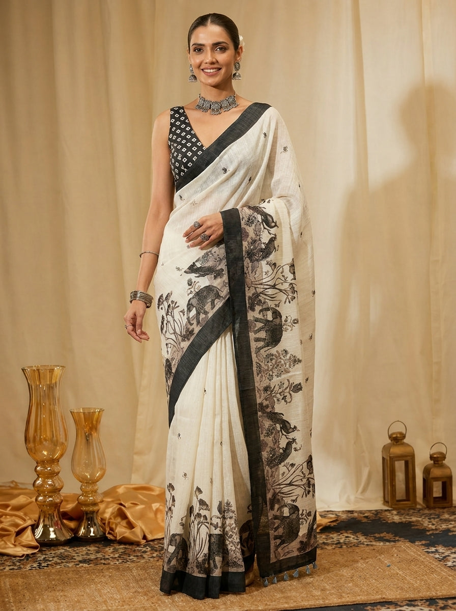 White and Grey Elephant Saree