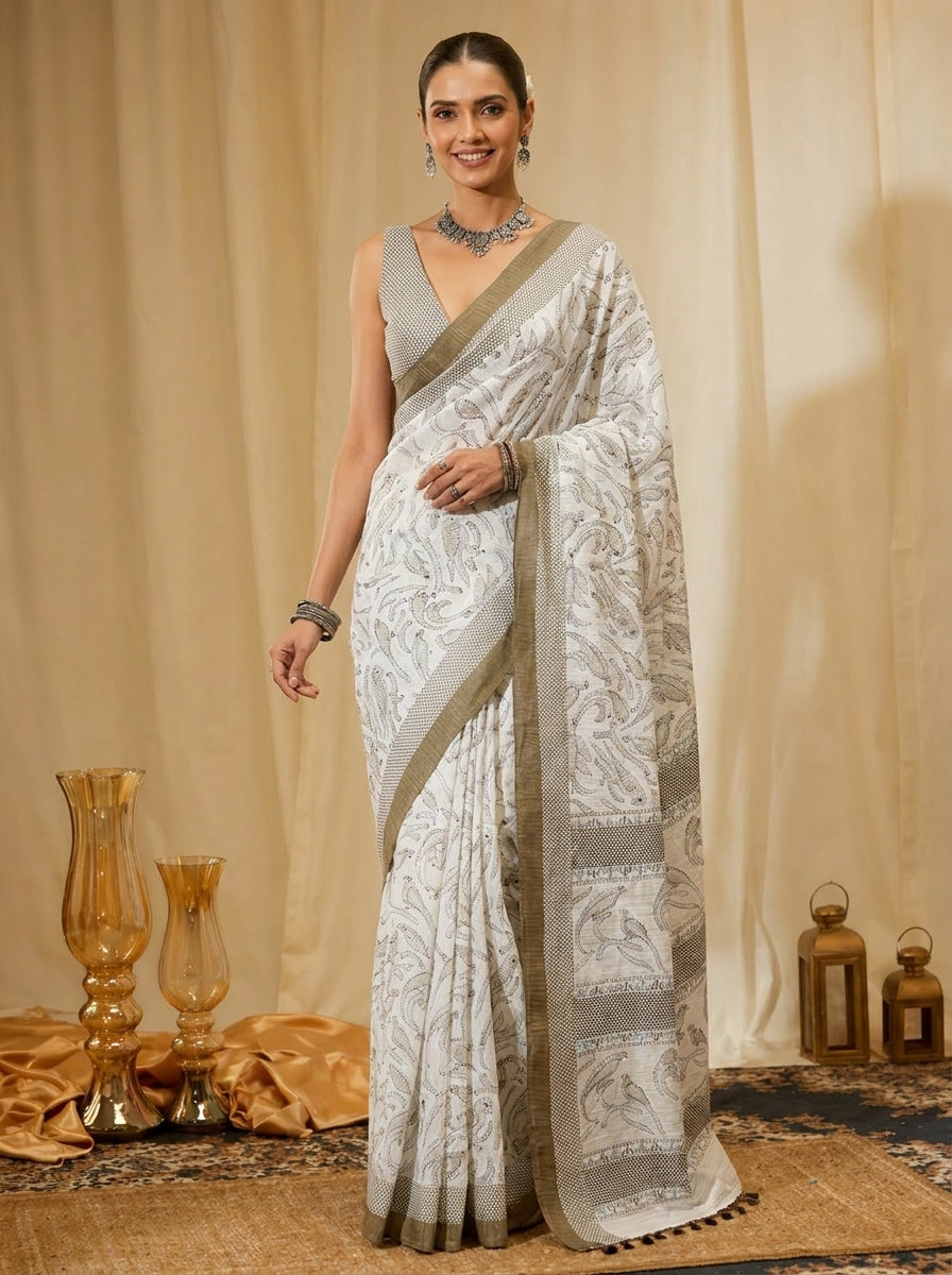 White Gold Border Saree