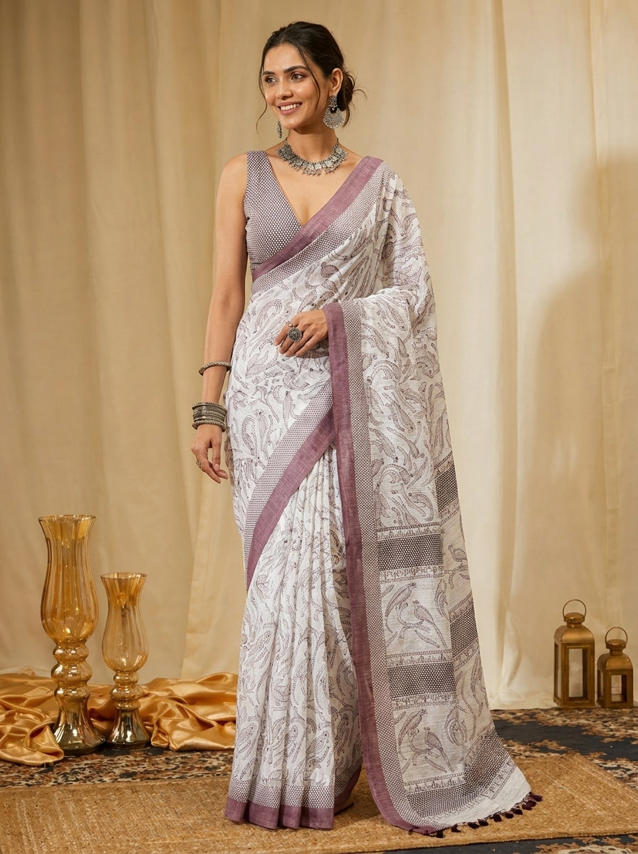 White and Purple Border Saree