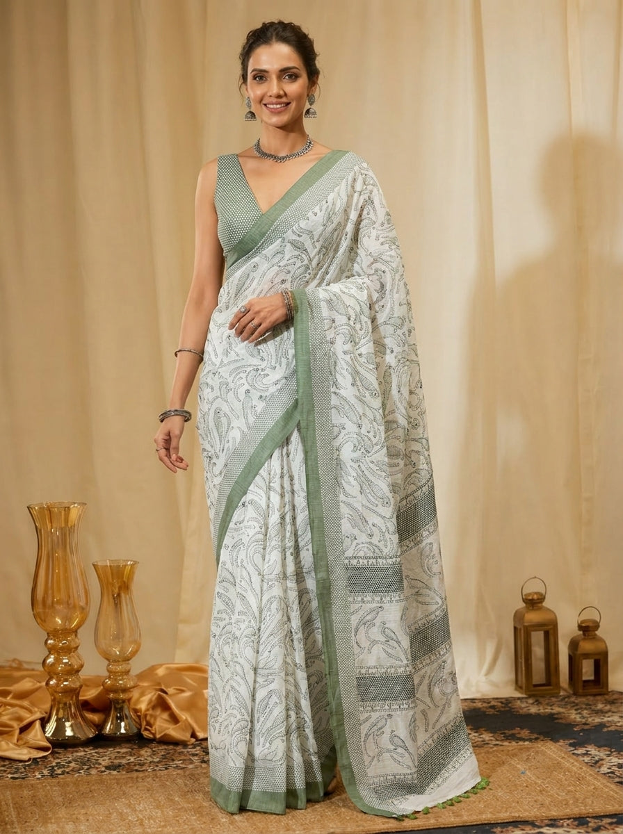 White and Green Border Saree