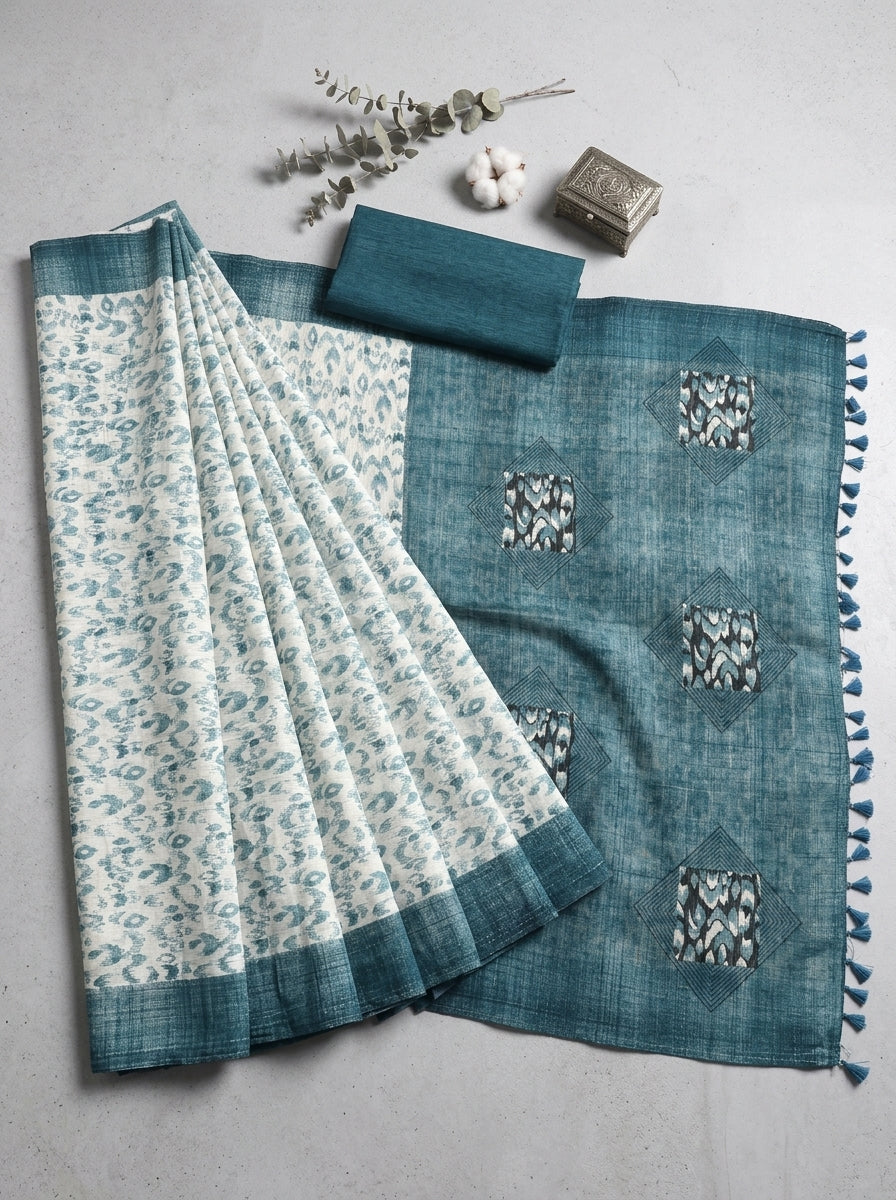 Teal and White Saree