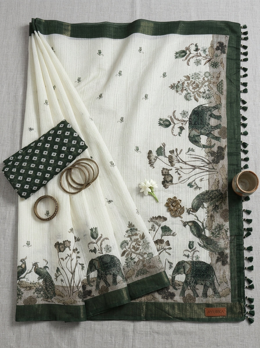 White and Green Elephant Saree