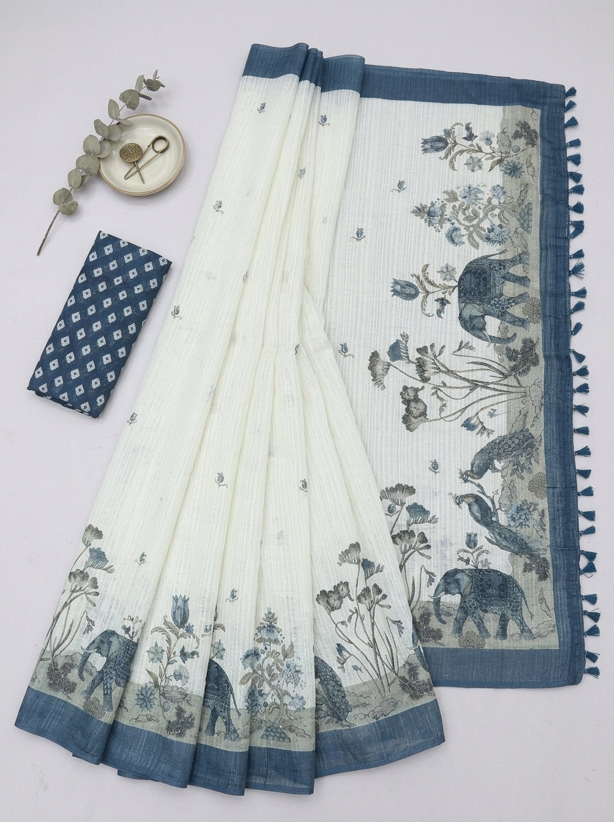 White and Blue Elephant Saree