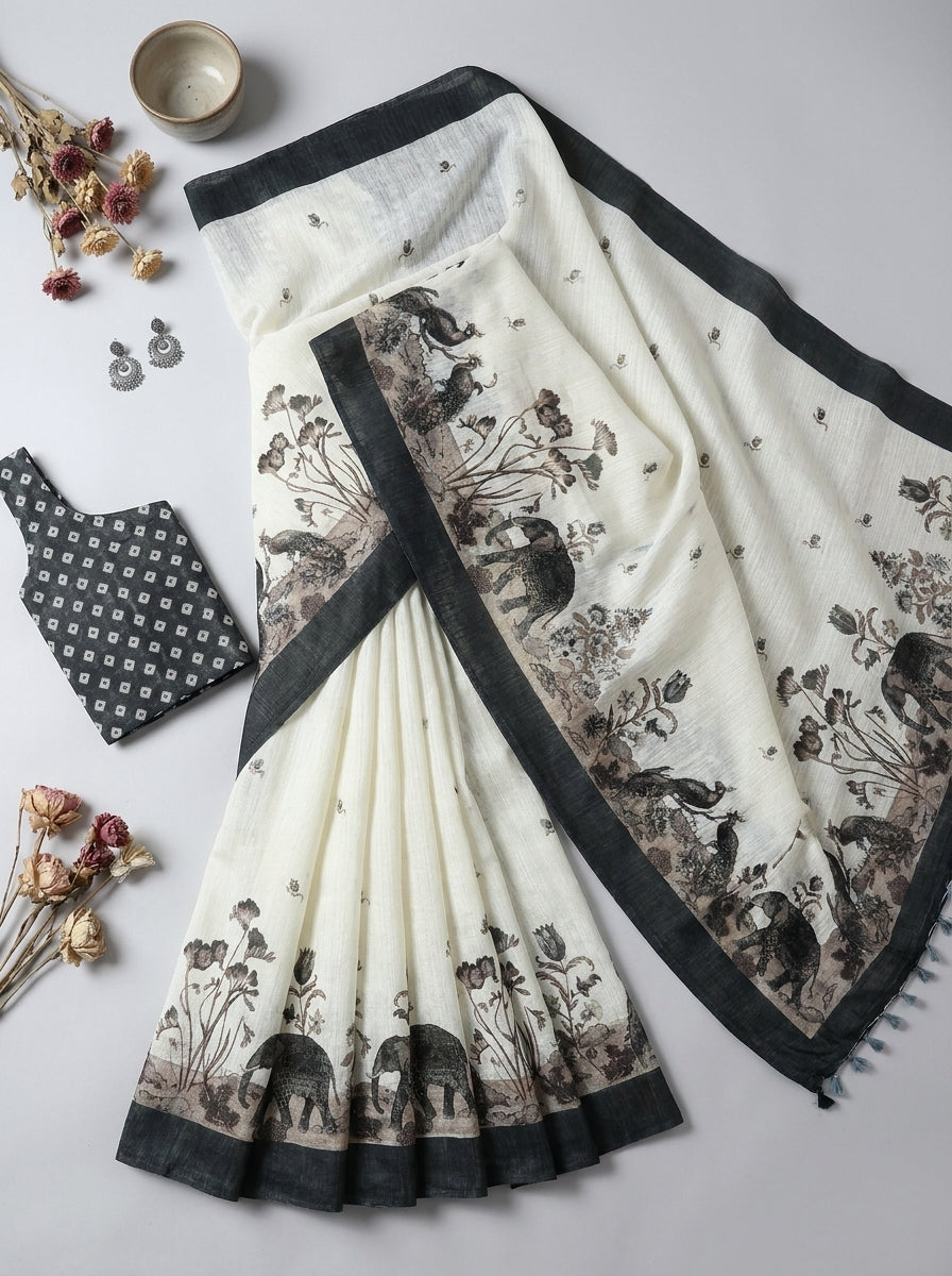 White and Grey Elephant Saree