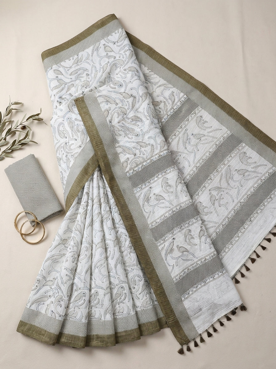 White Gold Border Saree