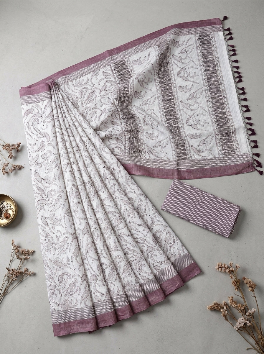 White and Purple Border Saree