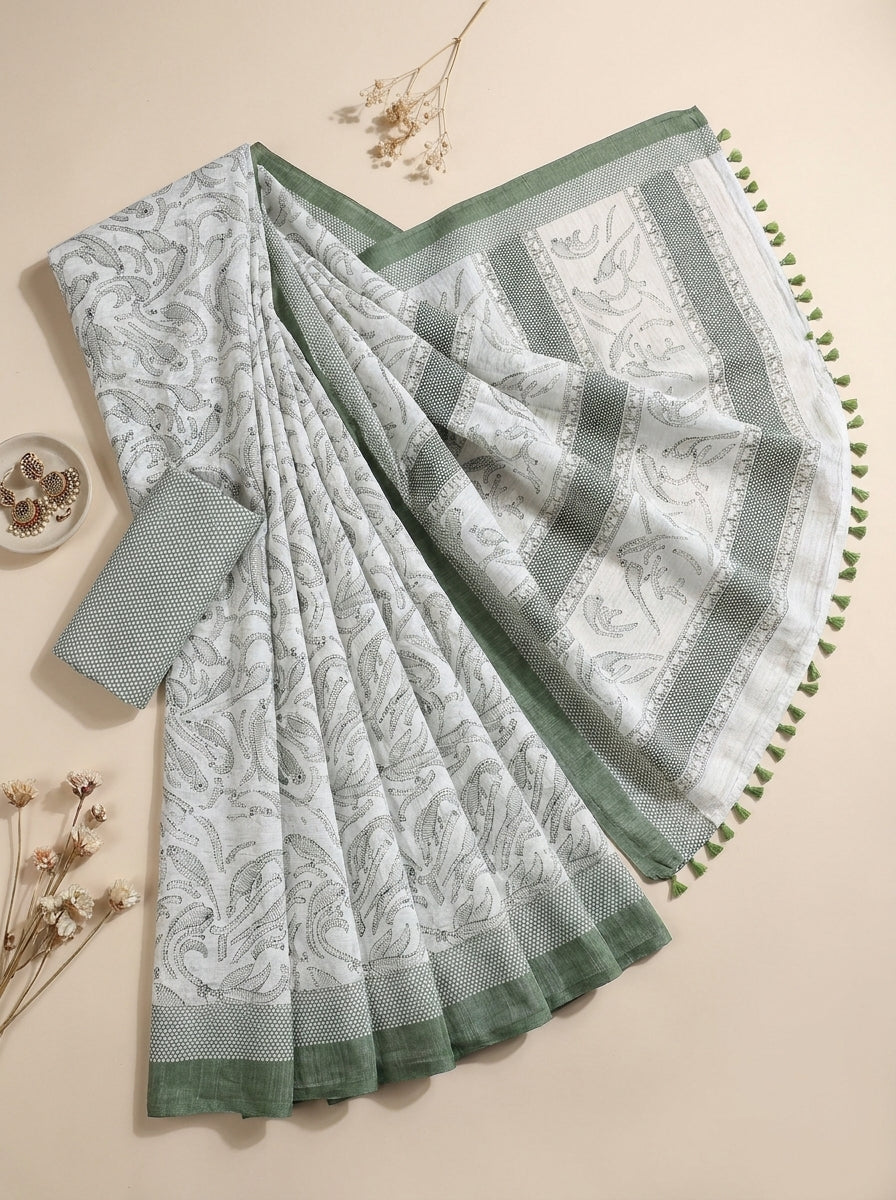 White and Green Border Saree