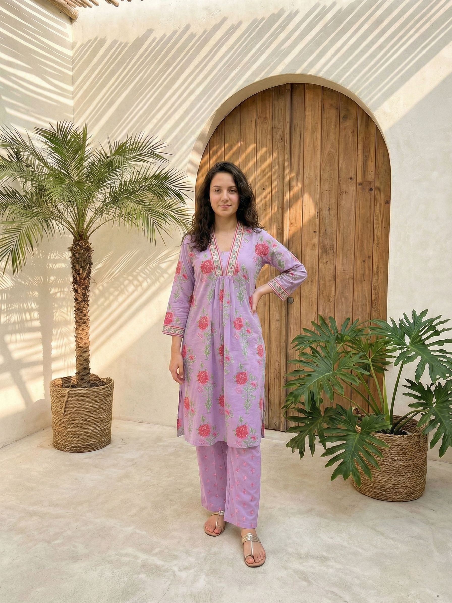 Women floral printed soft silk kurta with trousers