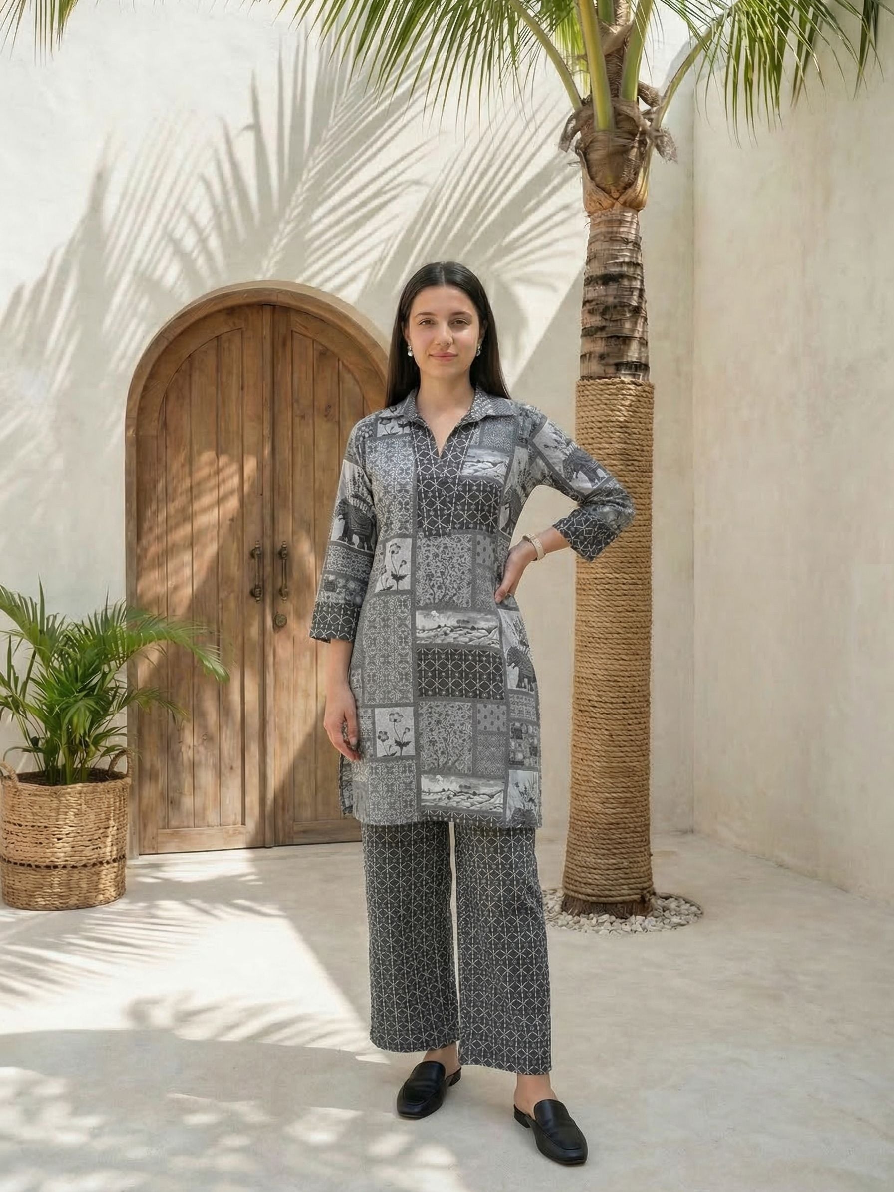 Women yellow floral printed linen kurta co-ord set with trousers