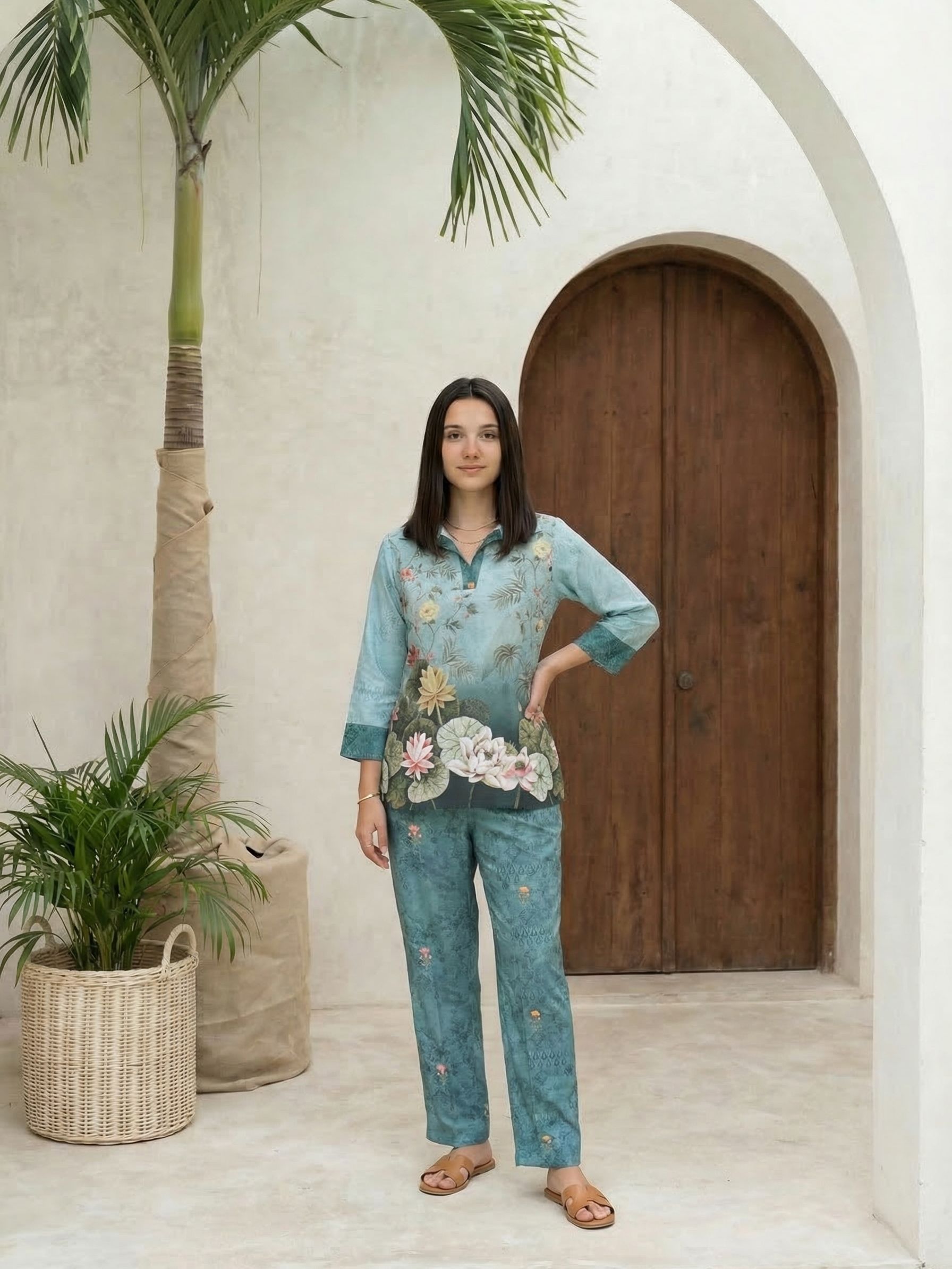 Women yellow floral printed linen kurta co-ord set with trousers