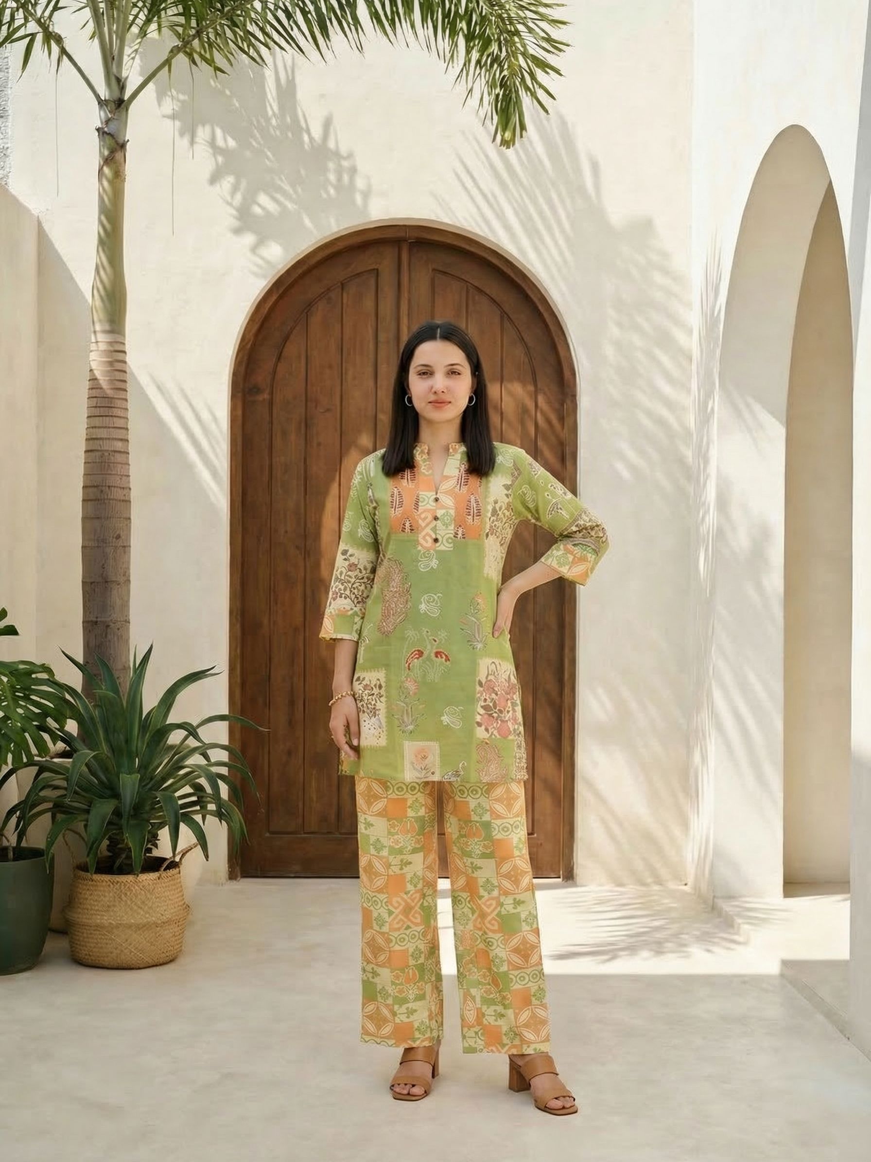Women floral printed soft silk kurta with trousers
