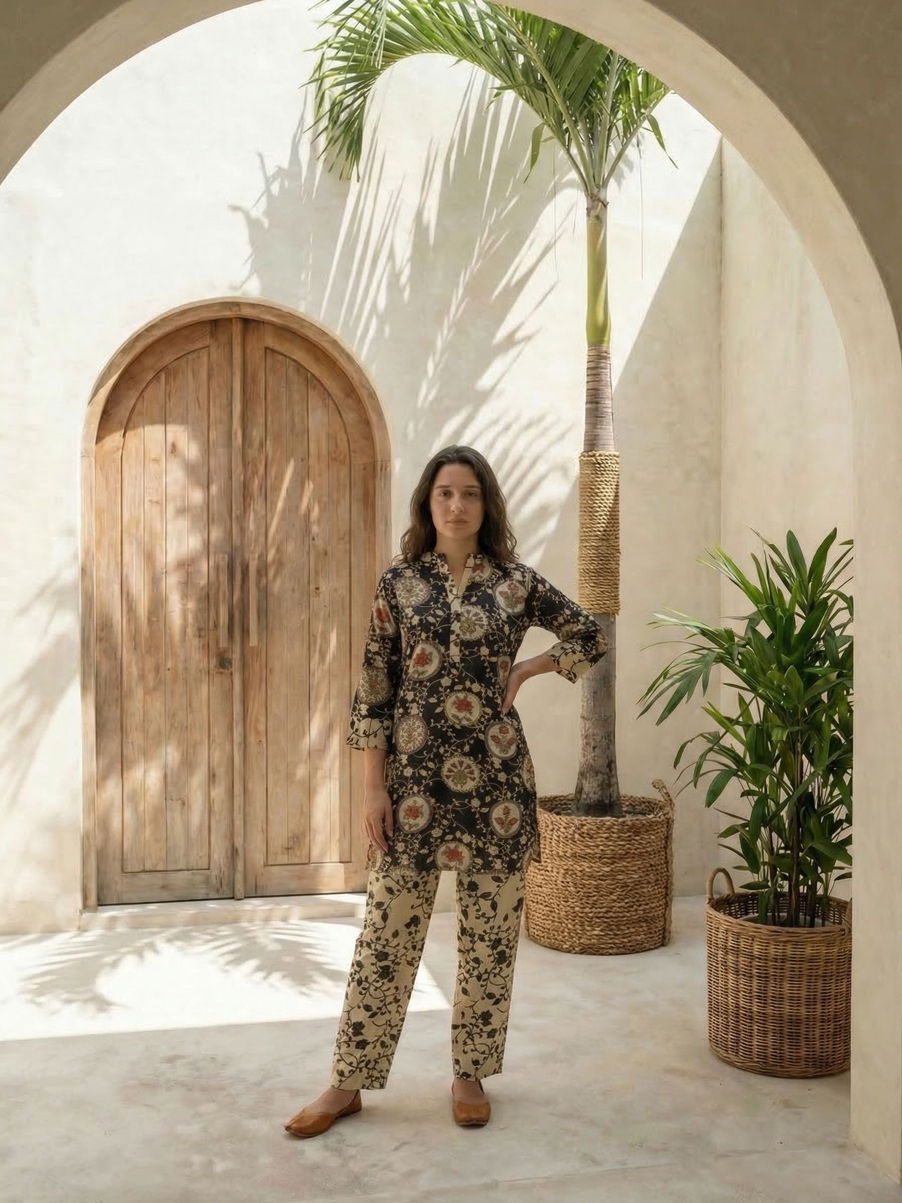 Women yellow floral printed linen kurta co-ord set with trousers