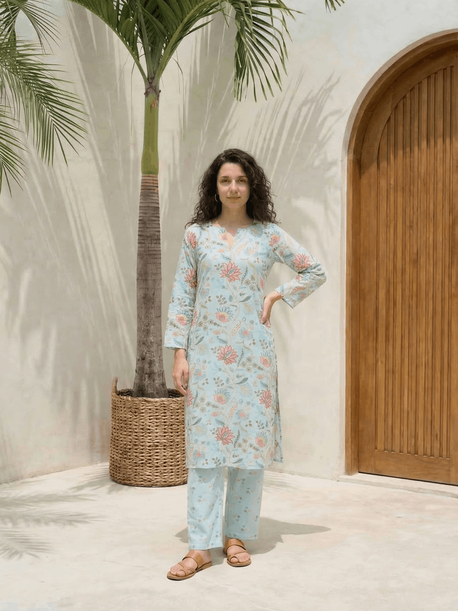Women floral printed cotton kurta with trousers