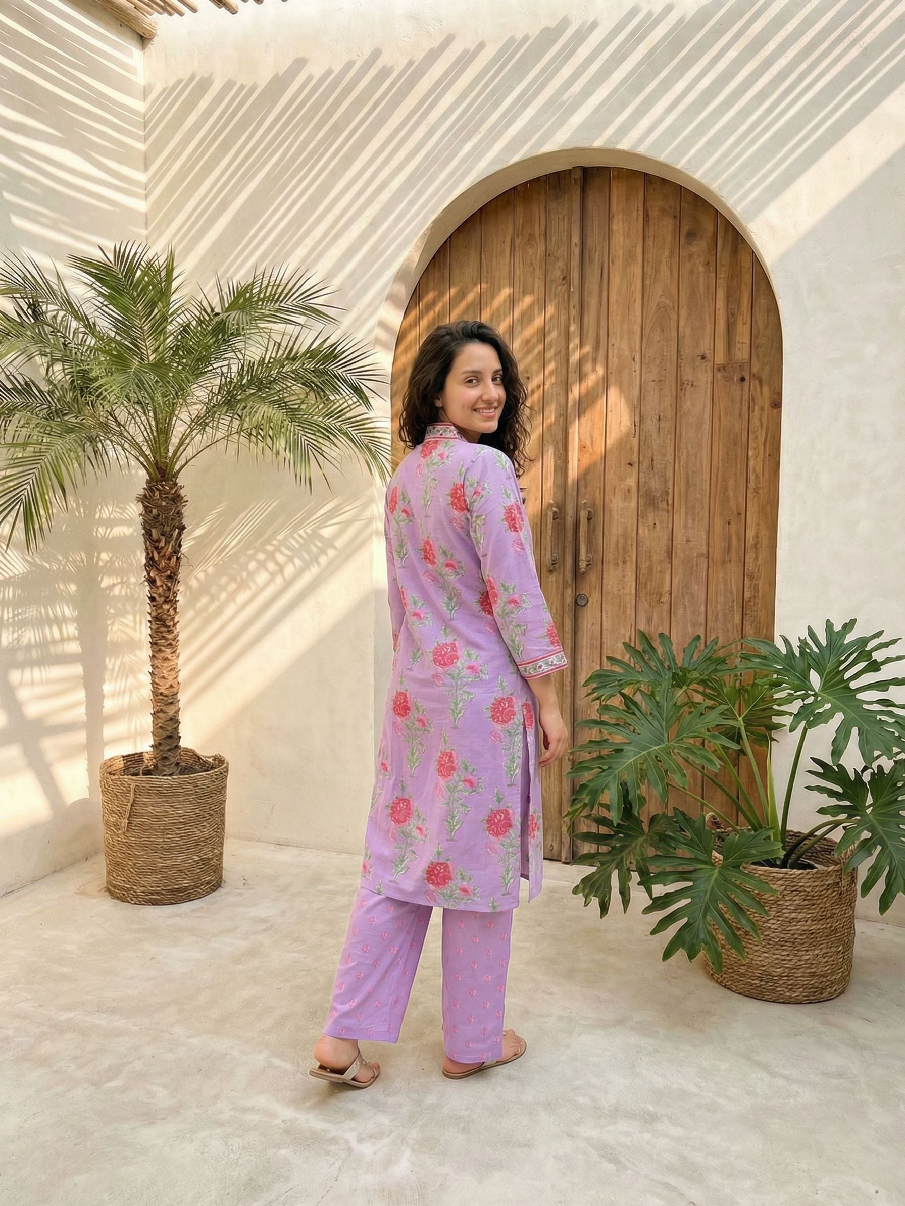 Women floral printed soft silk kurta with trousers