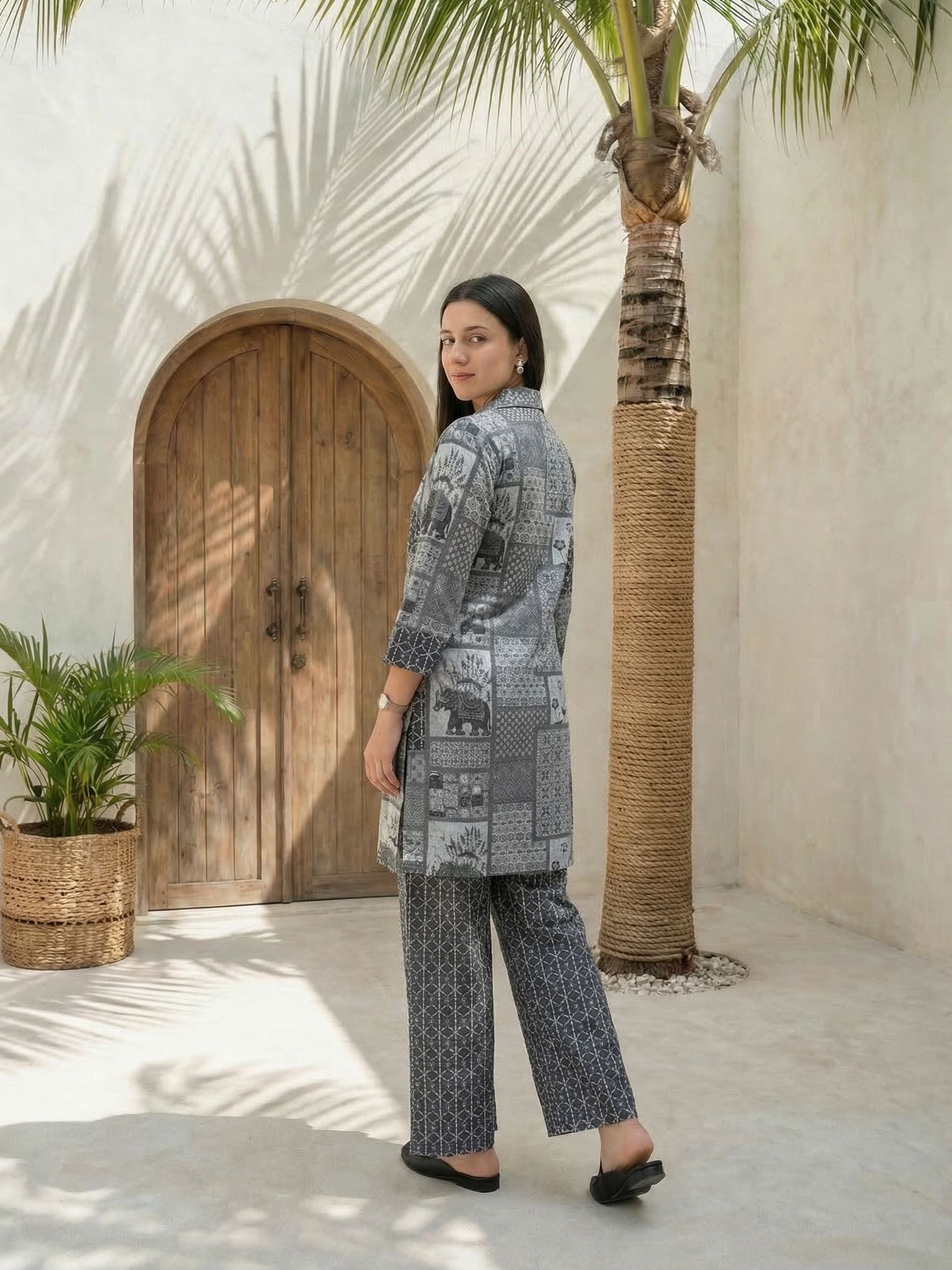 Women yellow floral printed linen kurta co-ord set with trousers