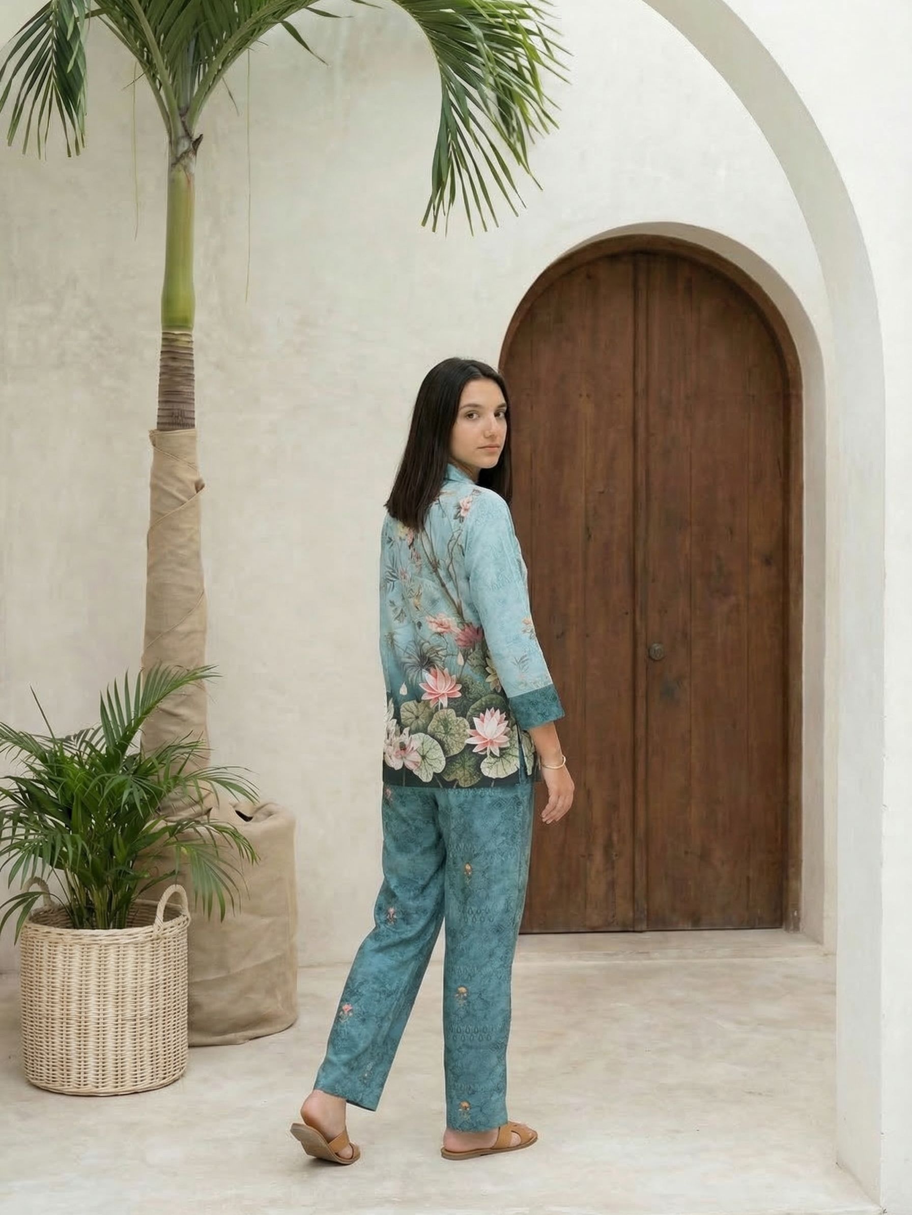 Women yellow floral printed linen kurta co-ord set with trousers
