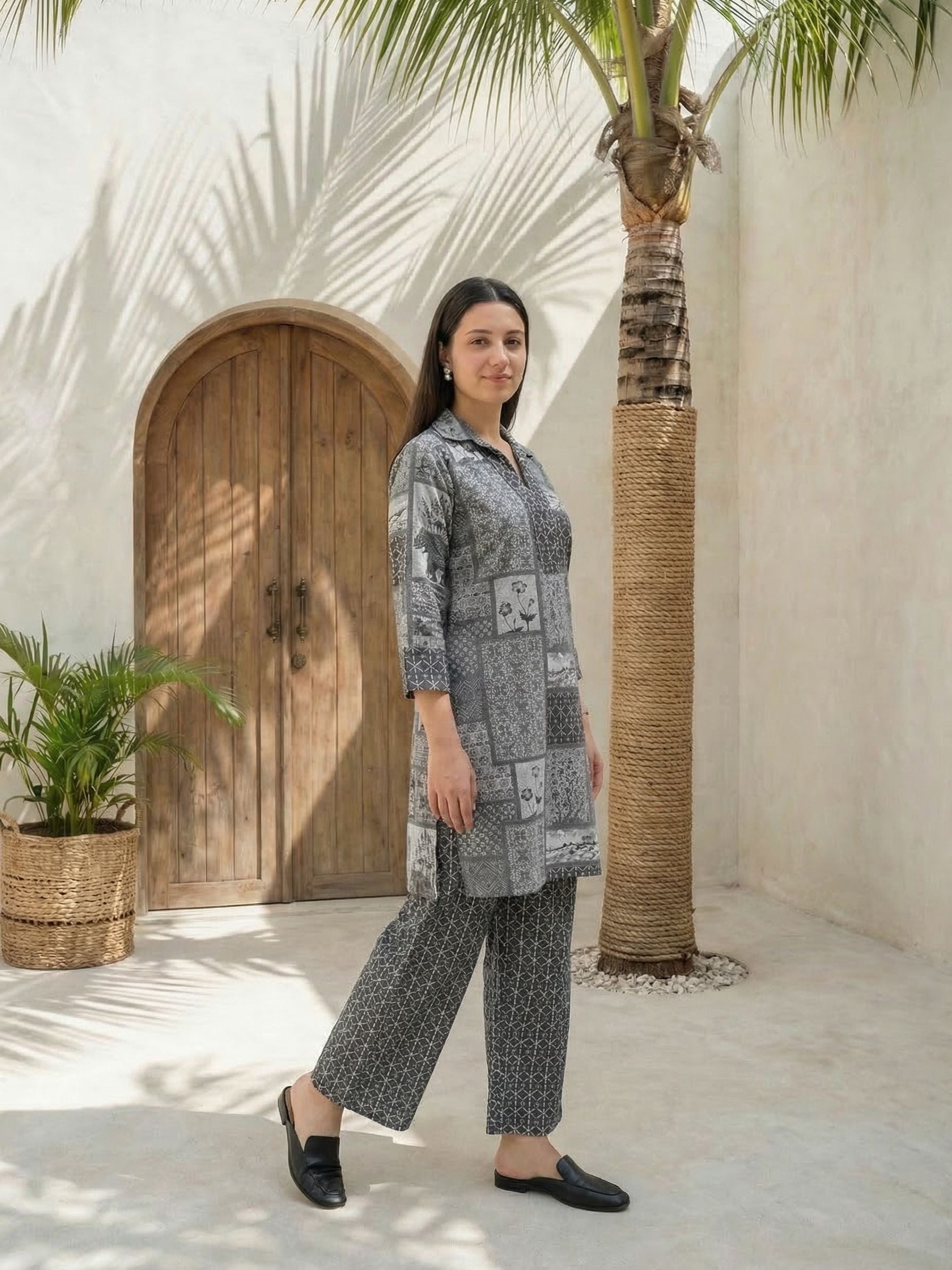 Women yellow floral printed linen kurta co-ord set with trousers