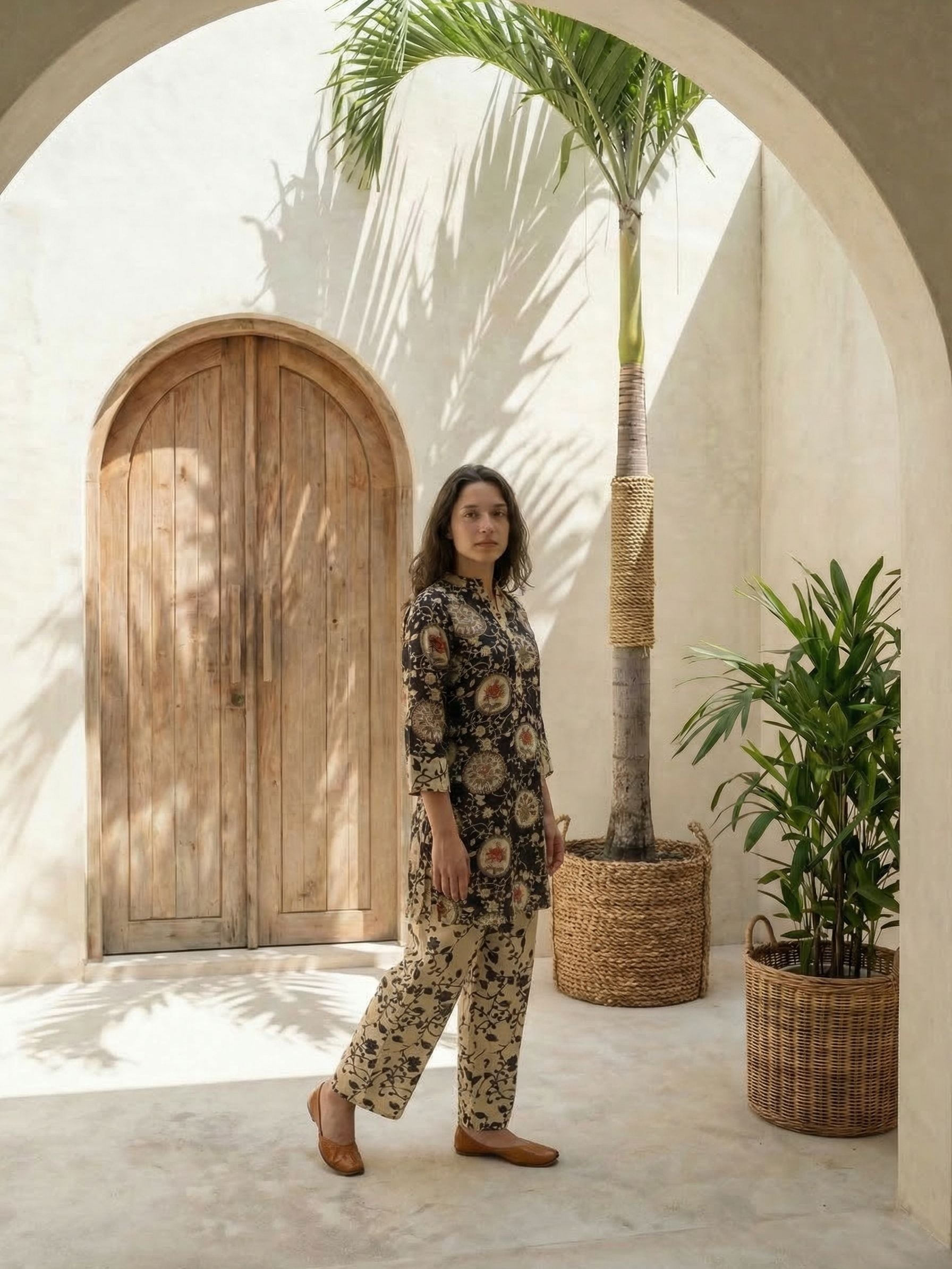 Women yellow floral printed linen kurta co-ord set with trousers