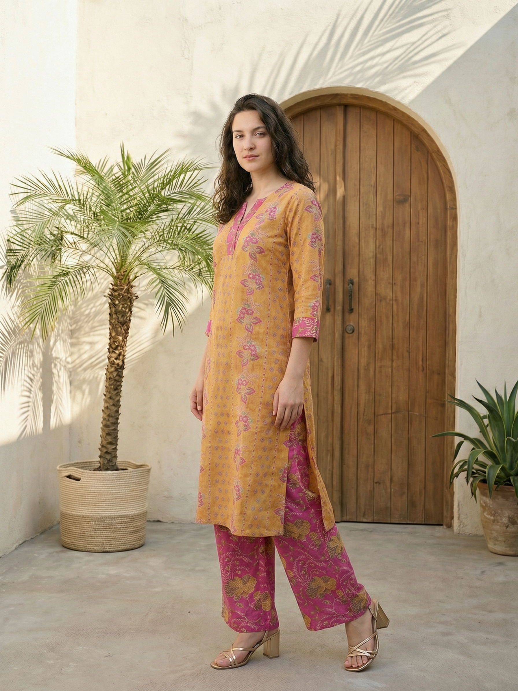 Women yellow floral printed linen kurta co-ord set with trousers