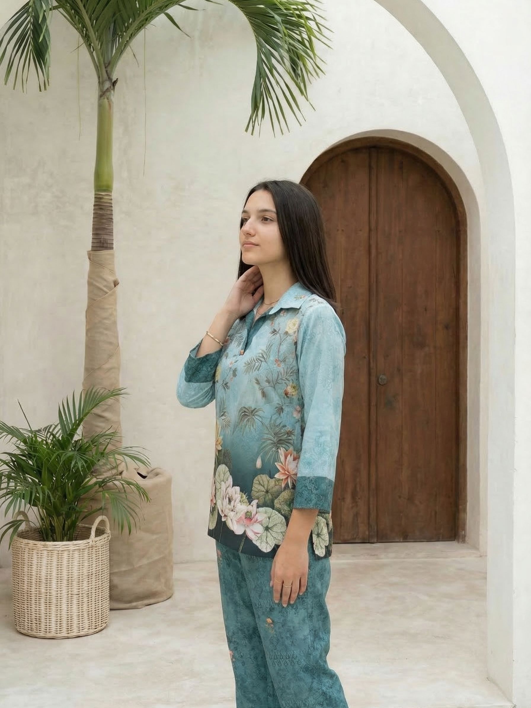 Women yellow floral printed linen kurta co-ord set with trousers