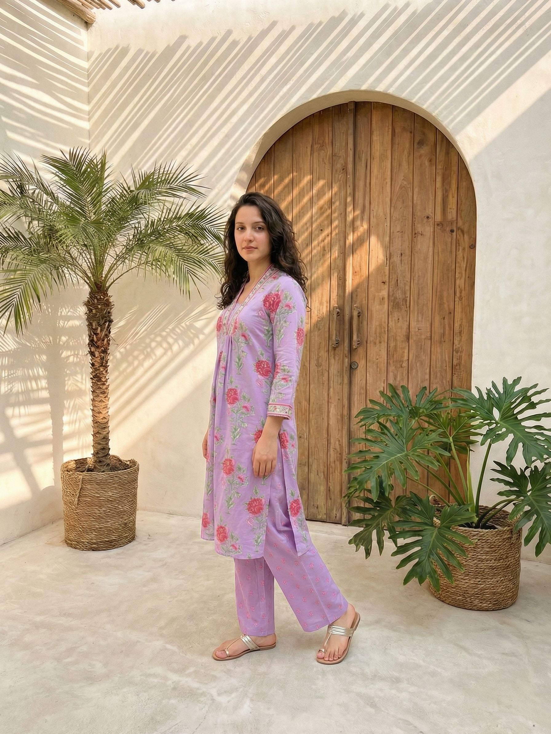 Women floral printed soft silk kurta with trousers