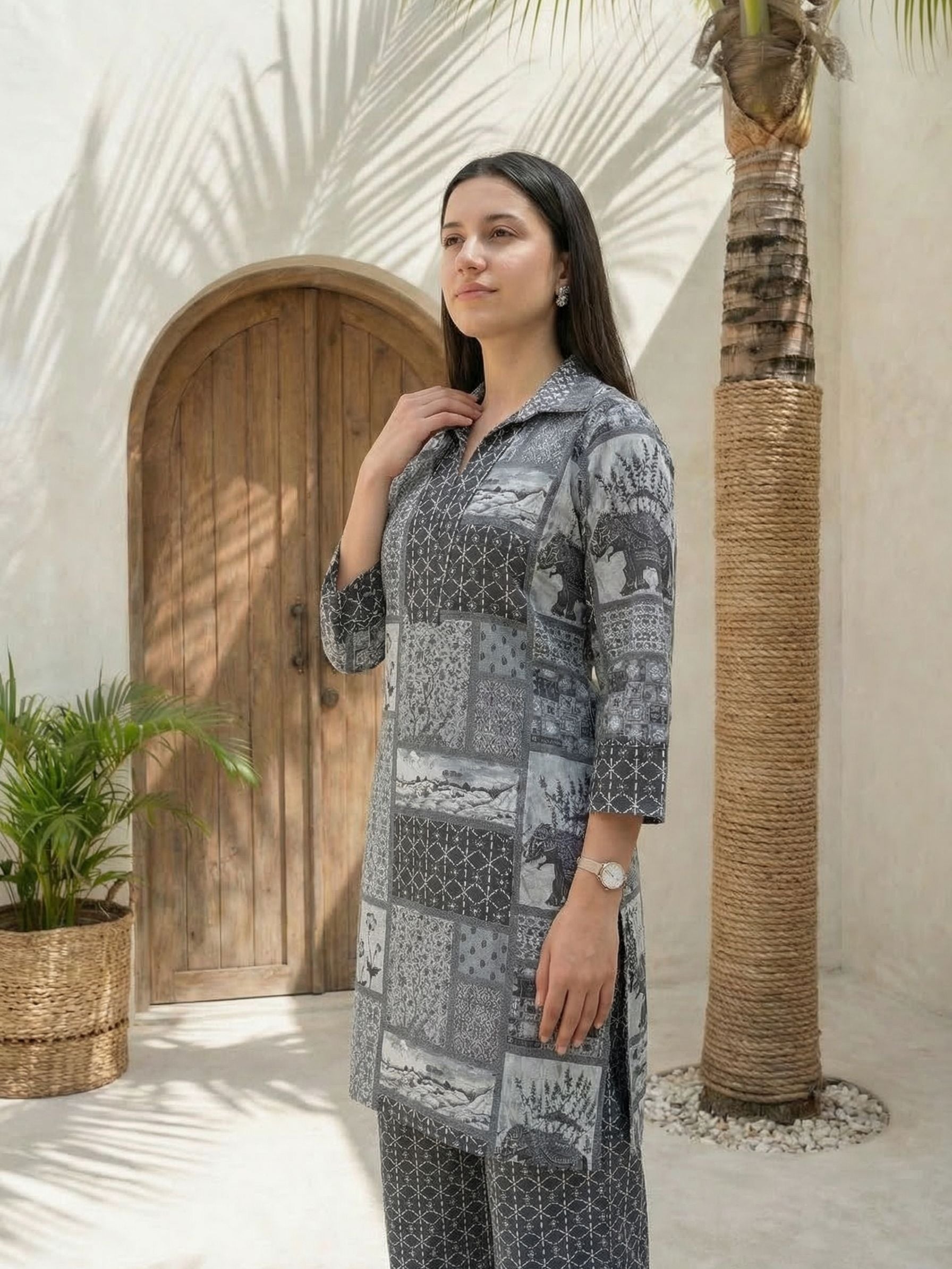 Women yellow floral printed linen kurta co-ord set with trousers