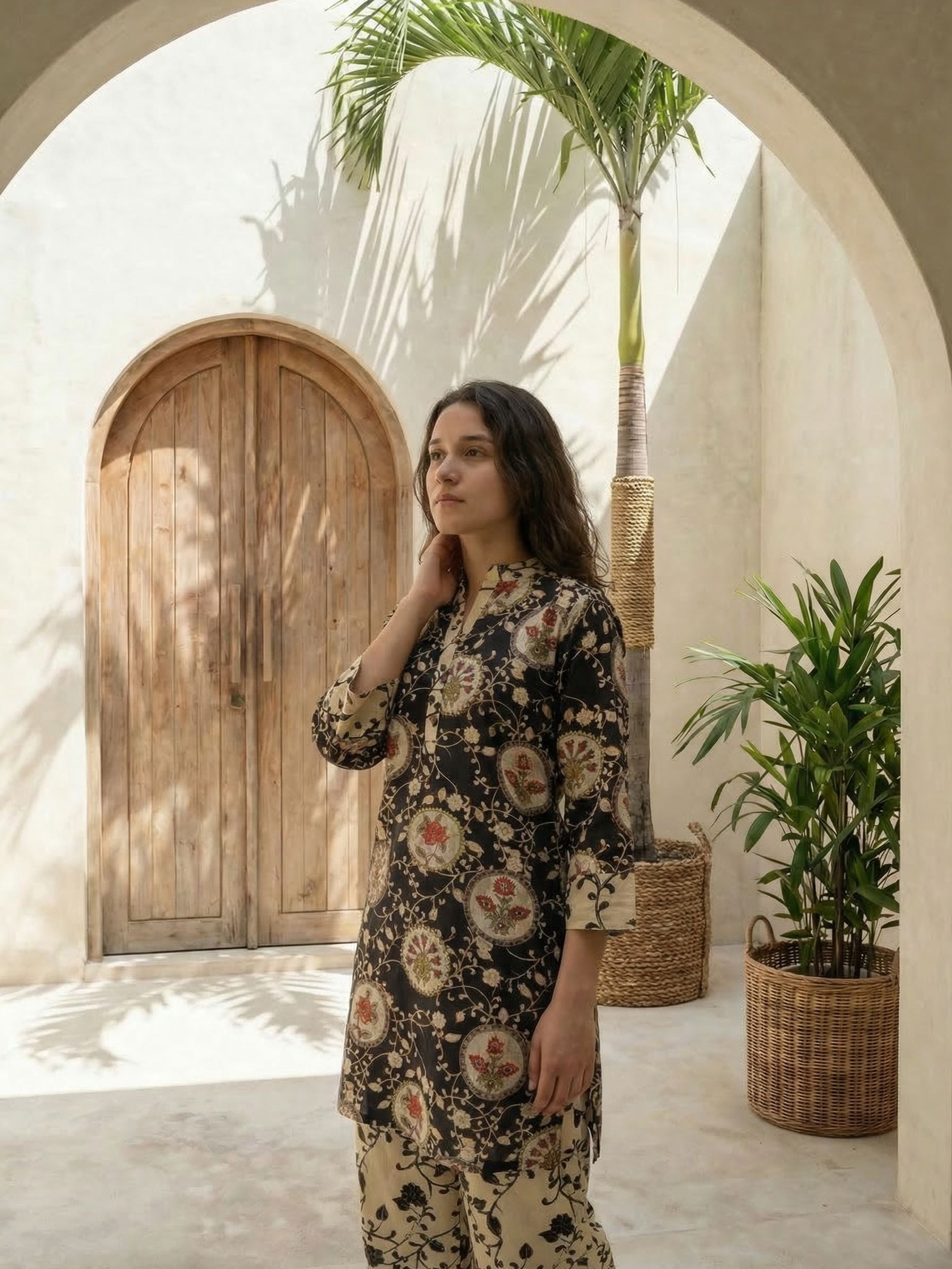 Women yellow floral printed linen kurta co-ord set with trousers