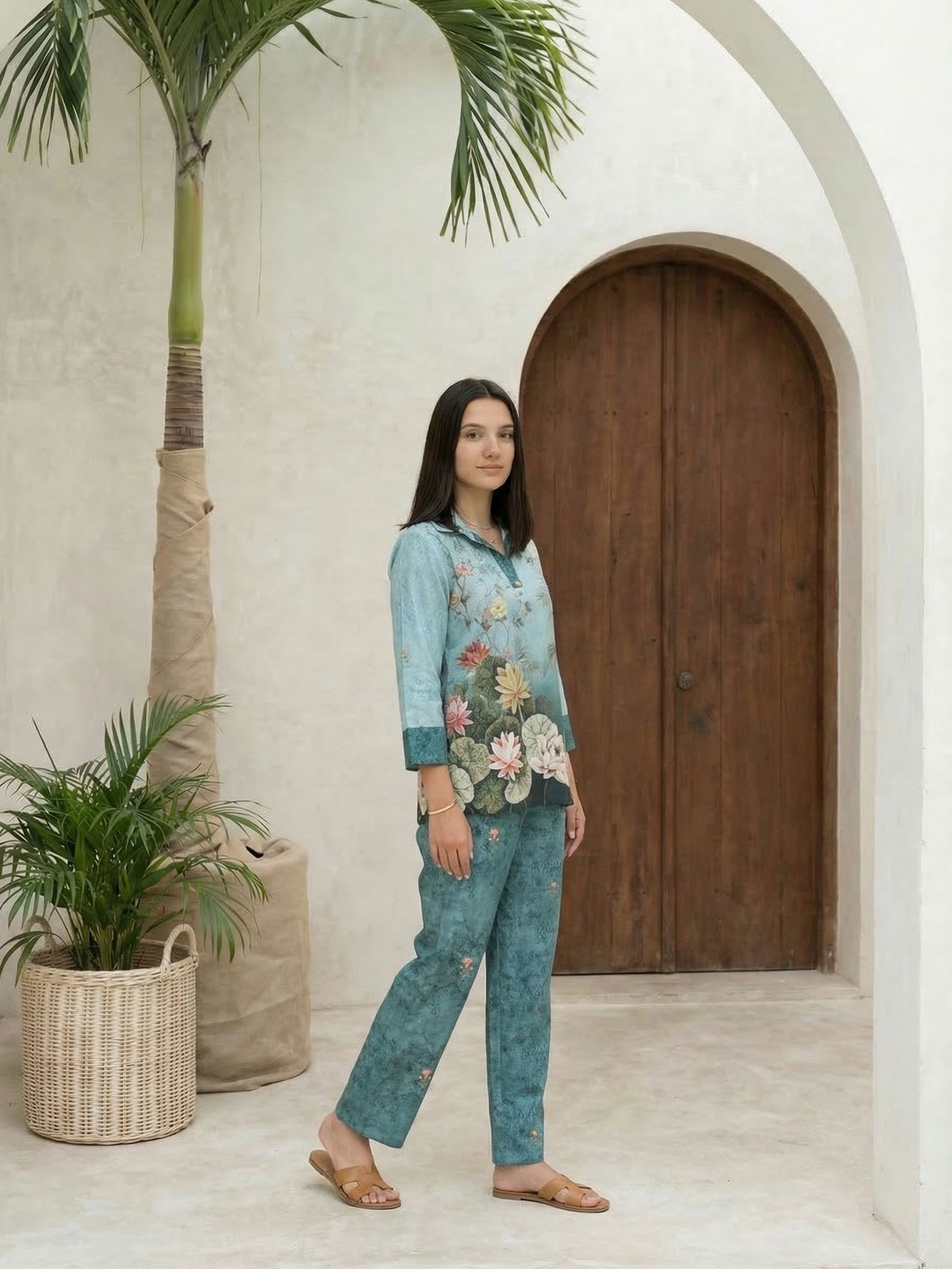 Women yellow floral printed linen kurta co-ord set with trousers