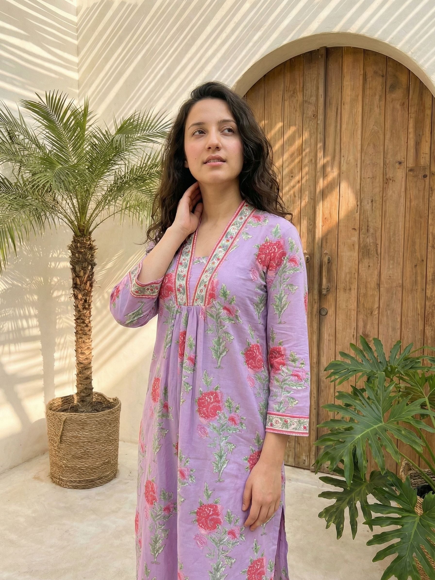 Women floral printed soft silk kurta with trousers