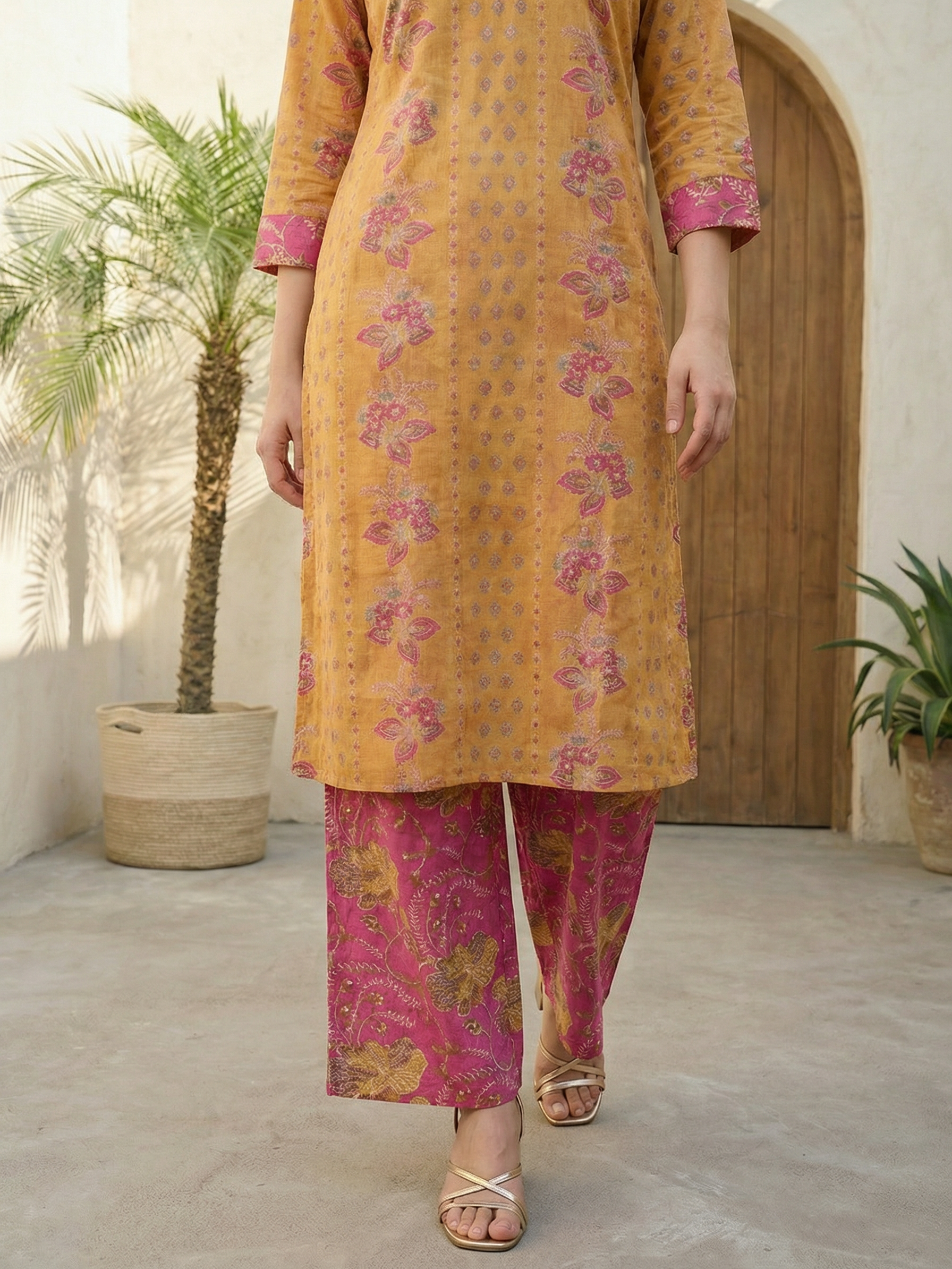 Women yellow floral printed linen kurta co-ord set with trousers