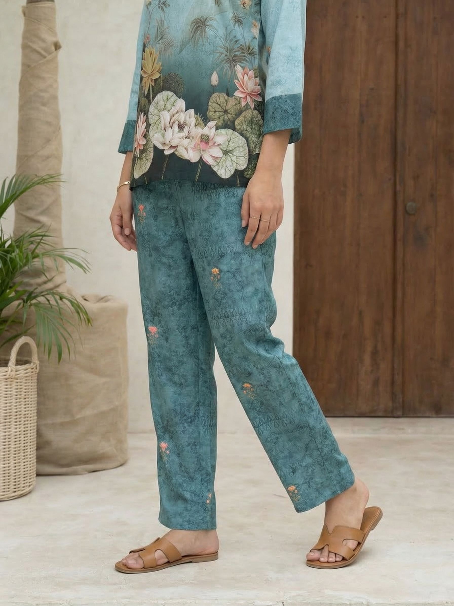 Women yellow floral printed linen kurta co-ord set with trousers