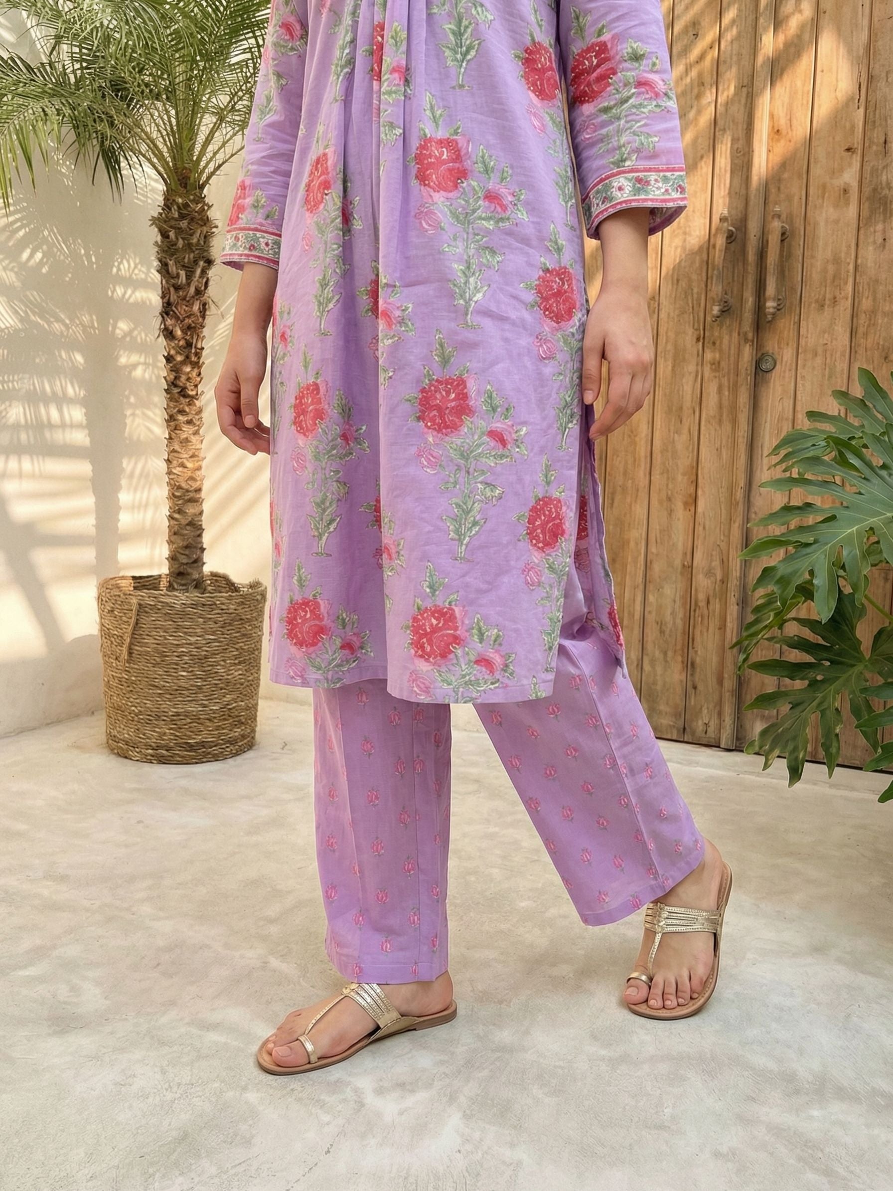 Women floral printed soft silk kurta with trousers