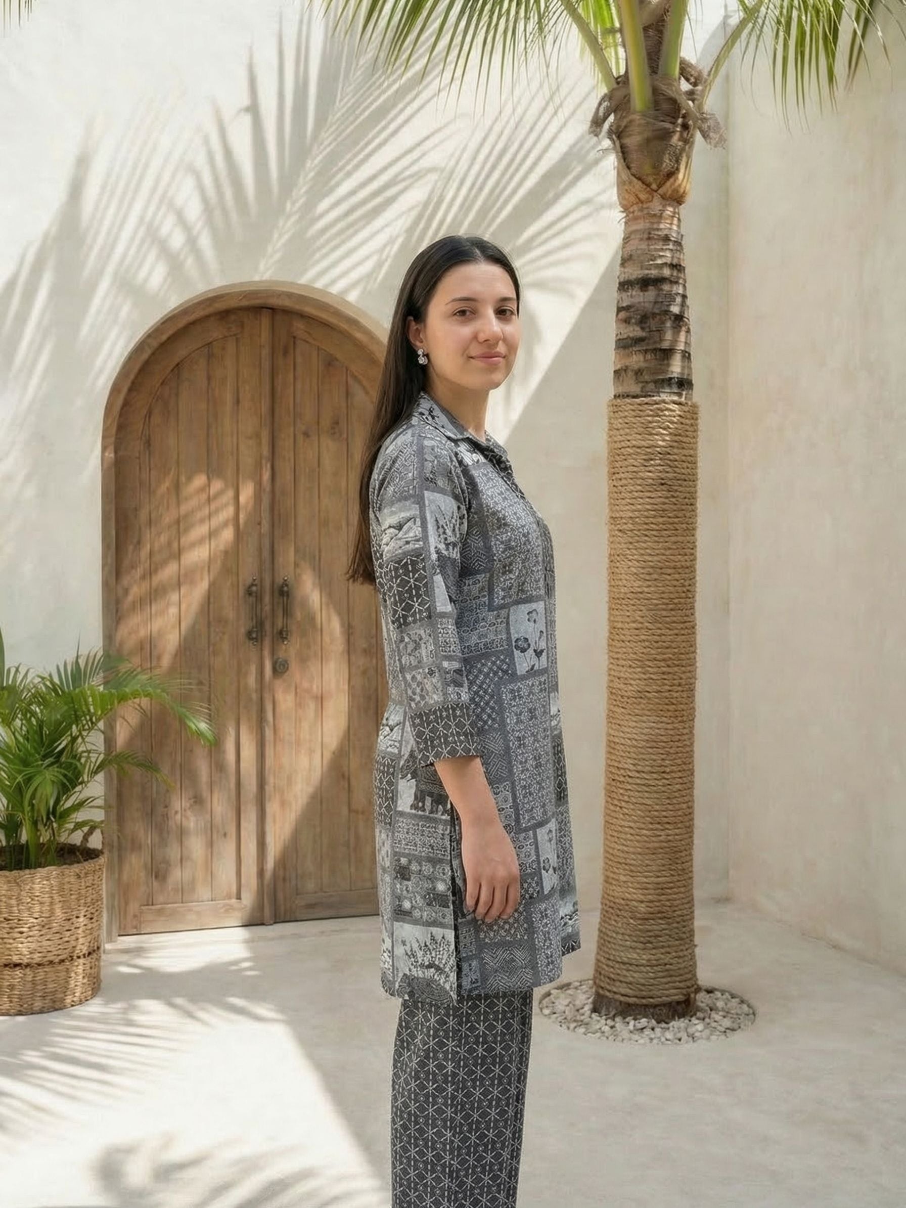 Women yellow floral printed linen kurta co-ord set with trousers