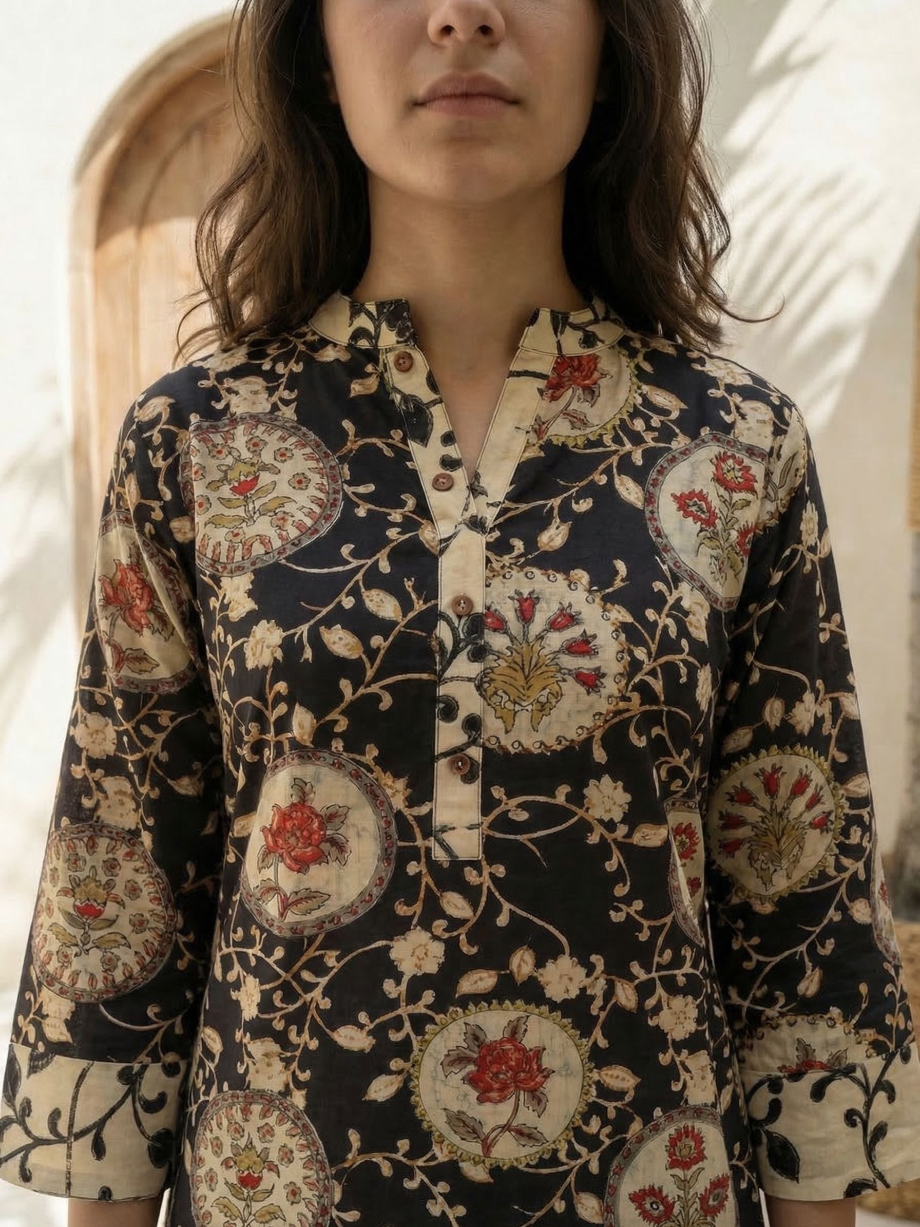Women yellow floral printed linen kurta co-ord set with trousers